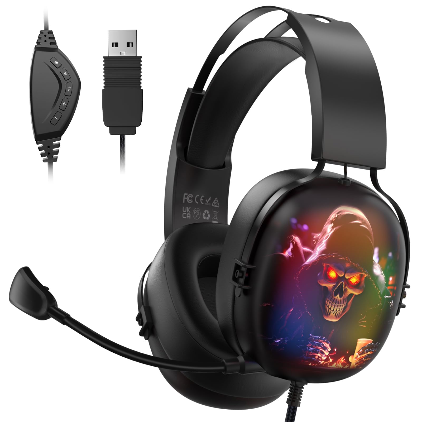 Gaming Headset 7.1 Surround Sound, Gaming Headset für PC, Laptop, Mac, Headset mit Mikrofon Kabel, Gaming Kopfhörer mit RGB Light, Noise Cancelling
