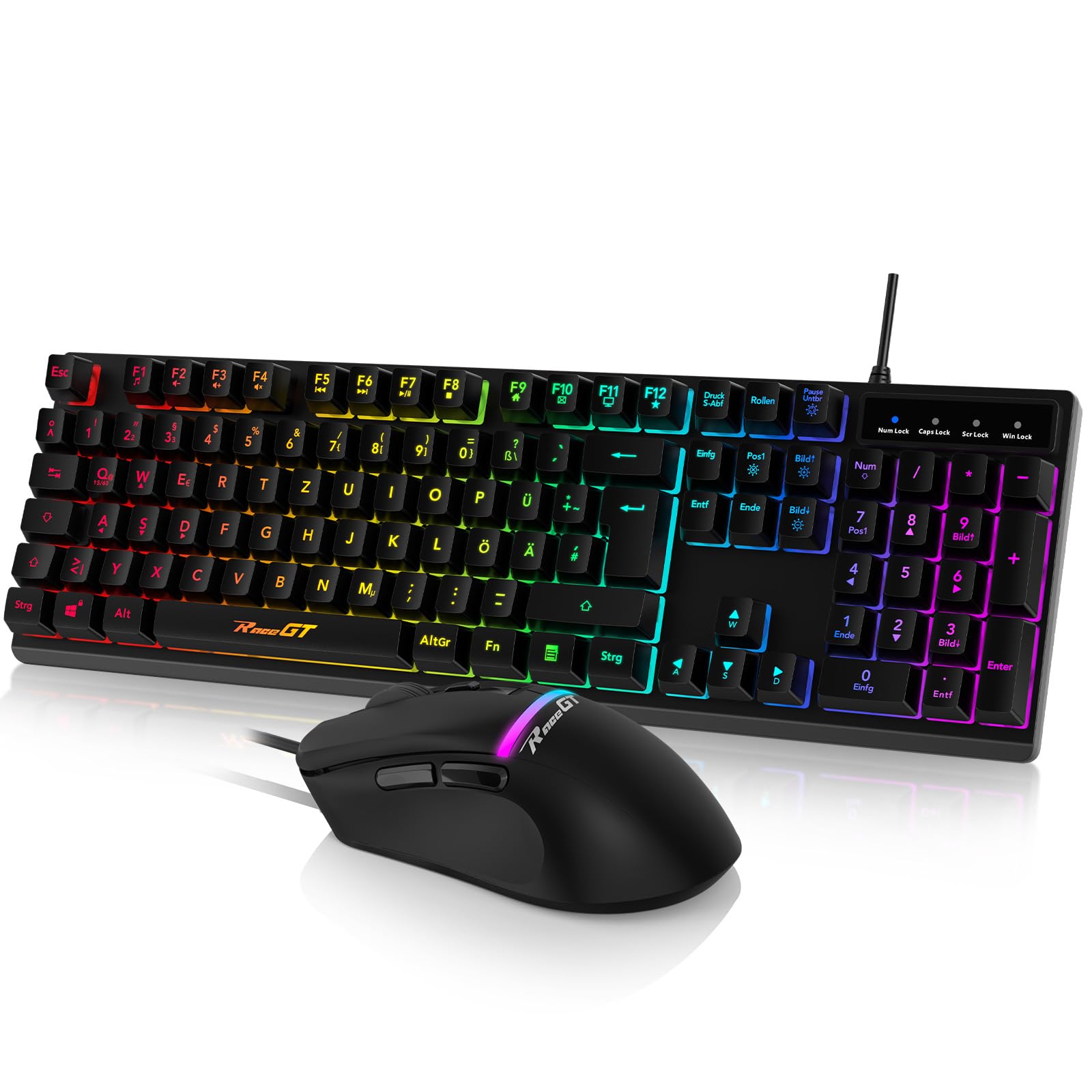 Maus und Tastatur Gaming Büro,RaceGT Tastatur Kabel RGB Beleuchtet LED Hintergrundbeleuchtung Wasserdicht 104 Tasten, Kabel Maus mit 7 Tasten 6400 DPI für PC Gamer Laptop QWERTZ (DE-Layout)