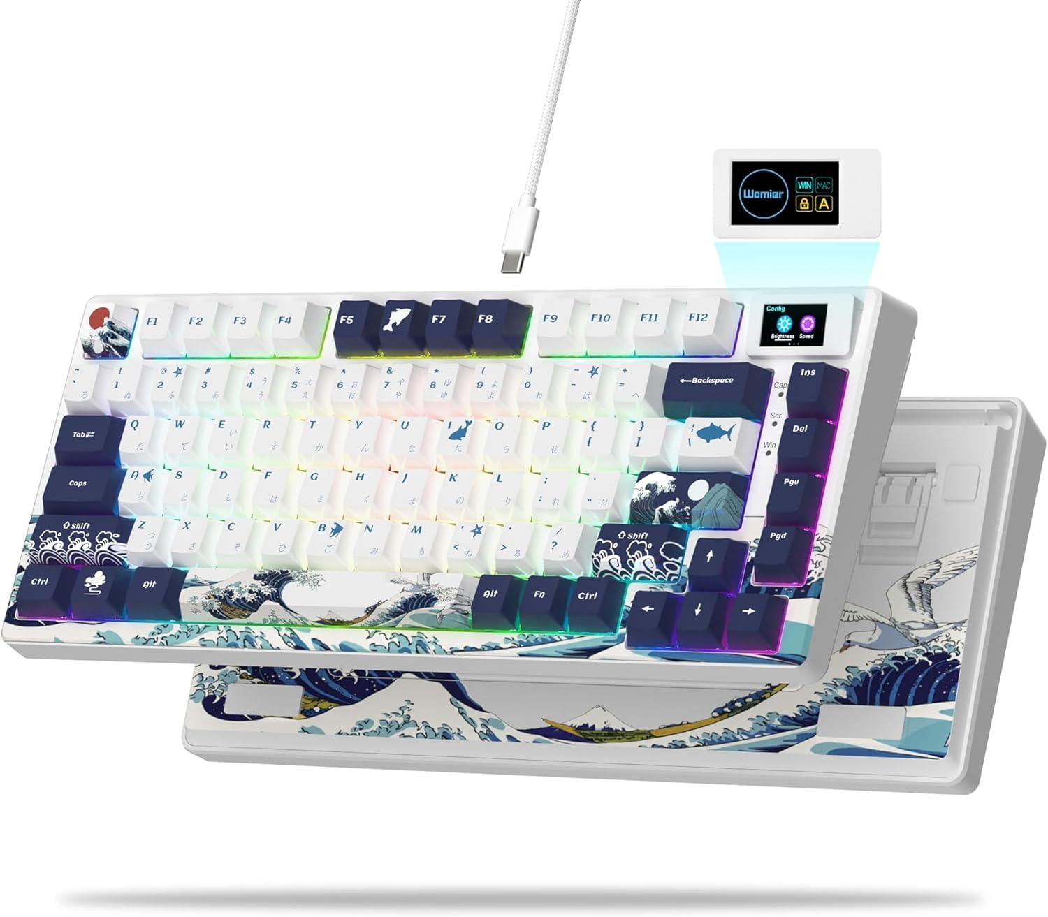 SK80 Mechanische Tastatur 75%, Gaming Tastatur kompakte USB C, Hot-Swap-Tastatur Kanagawa Thema, Dichtung Mount RGB Custom Keyboard für Mac/Win, Weiß