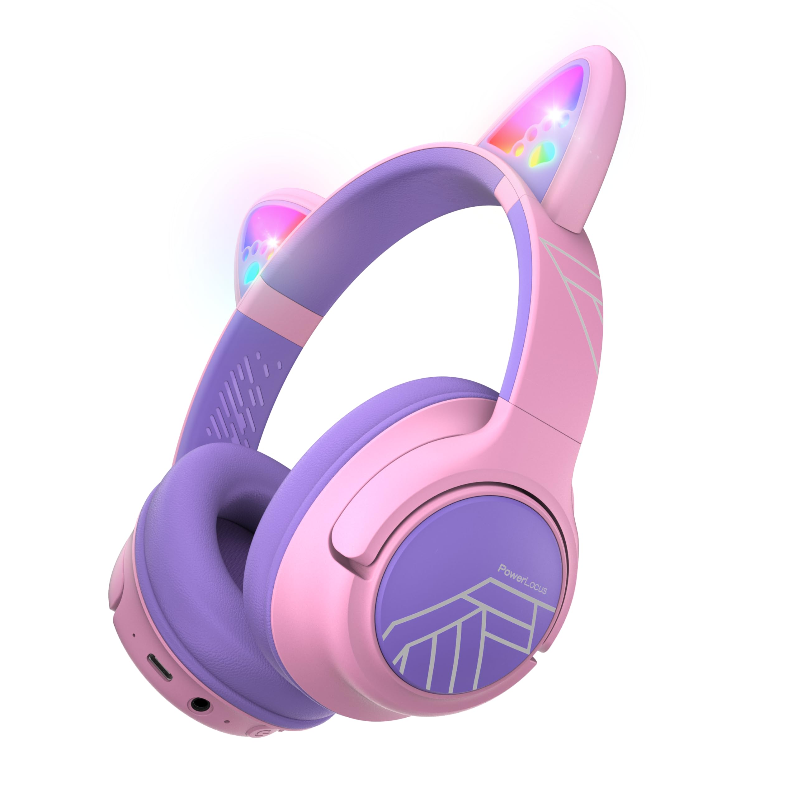 PowerLocus Bluetooth Kopfhörer Kinder, Kinderkopfhörer Over Ear mit 74/85/94dB Lautstärkebegrenzung, LED-Leuchten, Kabellos & Aux-Kabel Faltbare Kopfhörer mit Mikrofon (Lila/Rosa)