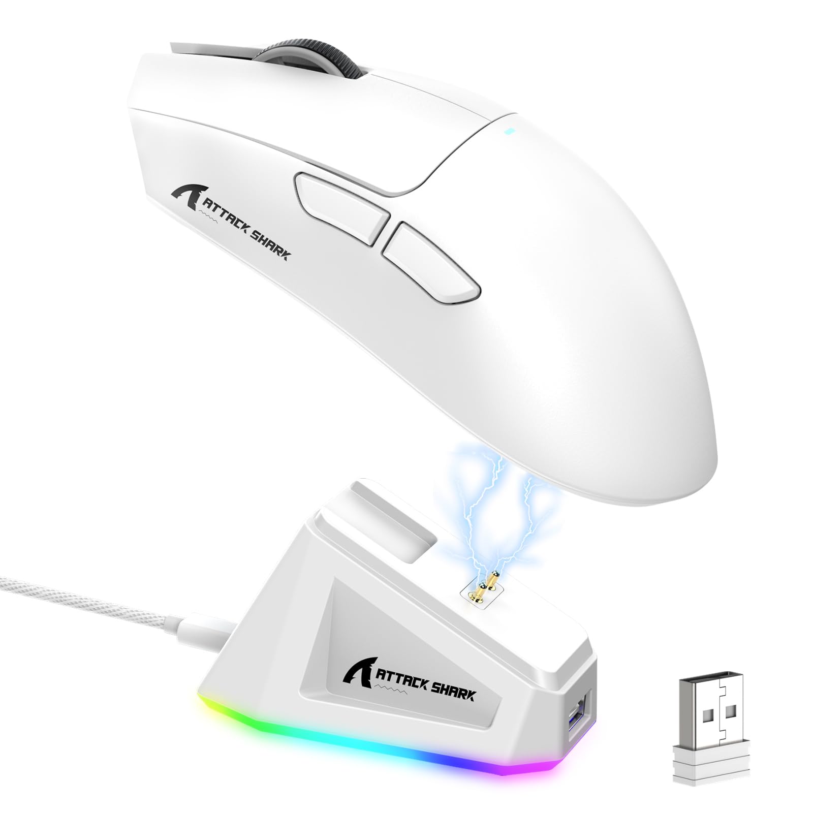 LexonElec x Attack Shark X11 Kabellose Gaming-Maus mit RGB Magnetische Ladestation, PixArt PAW3311-Sensor, Ultraleichte 59g Schwere Tri-Mode-Gaming-Maus, Wired/2,4 G/BT, 22 K DPI-White
