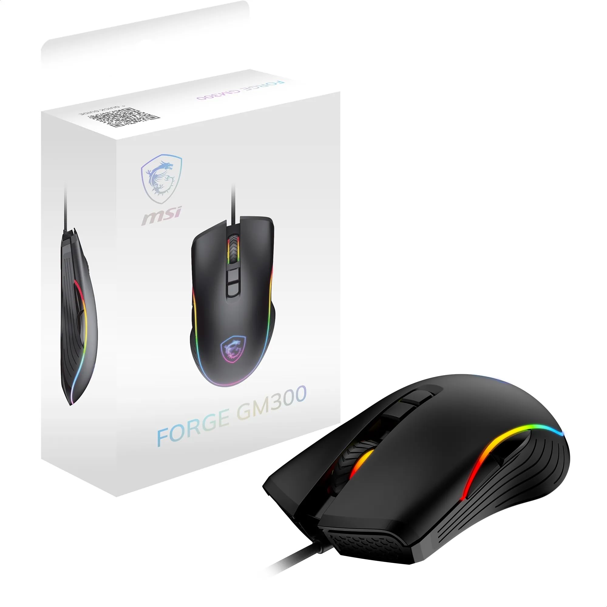 MSI Forge GM300 Gaming-Maus – 7200 DPI optischer Sensor, symmetrisch, 10 Mio. Klicks, 7 Tasten, 8 ms Latenz, RGB-LED, 118 g – kabelgebunden