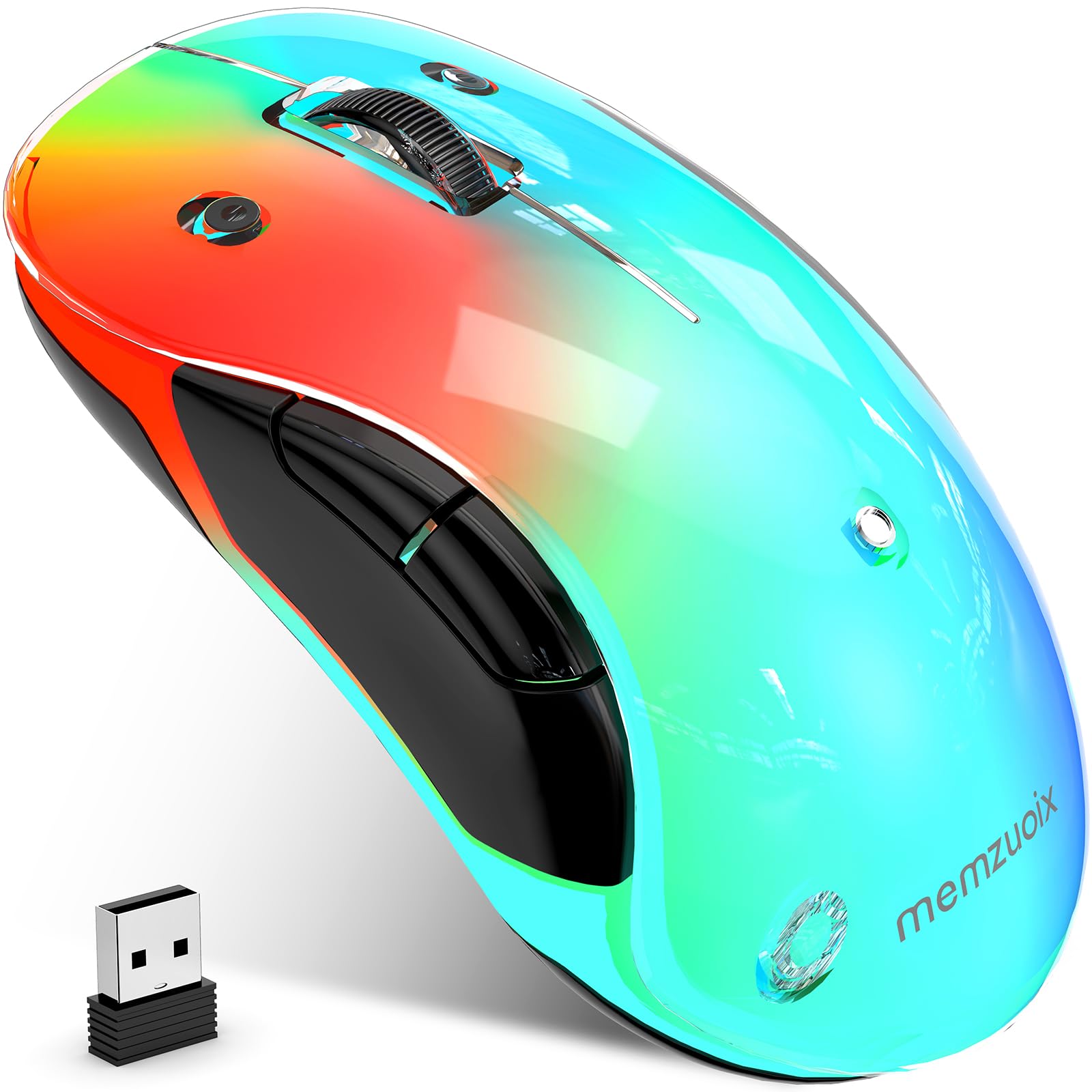 memzuoix LED Kabellose Maus – Wiederaufladbare 2.4G Optische Maus mit Magnetischer Abdeckung, Sanfter RGB-Beleuchtung, 1400 DPI, Ergonomisches Design mit USB-Empfänger für Laptop, PC und MacBook