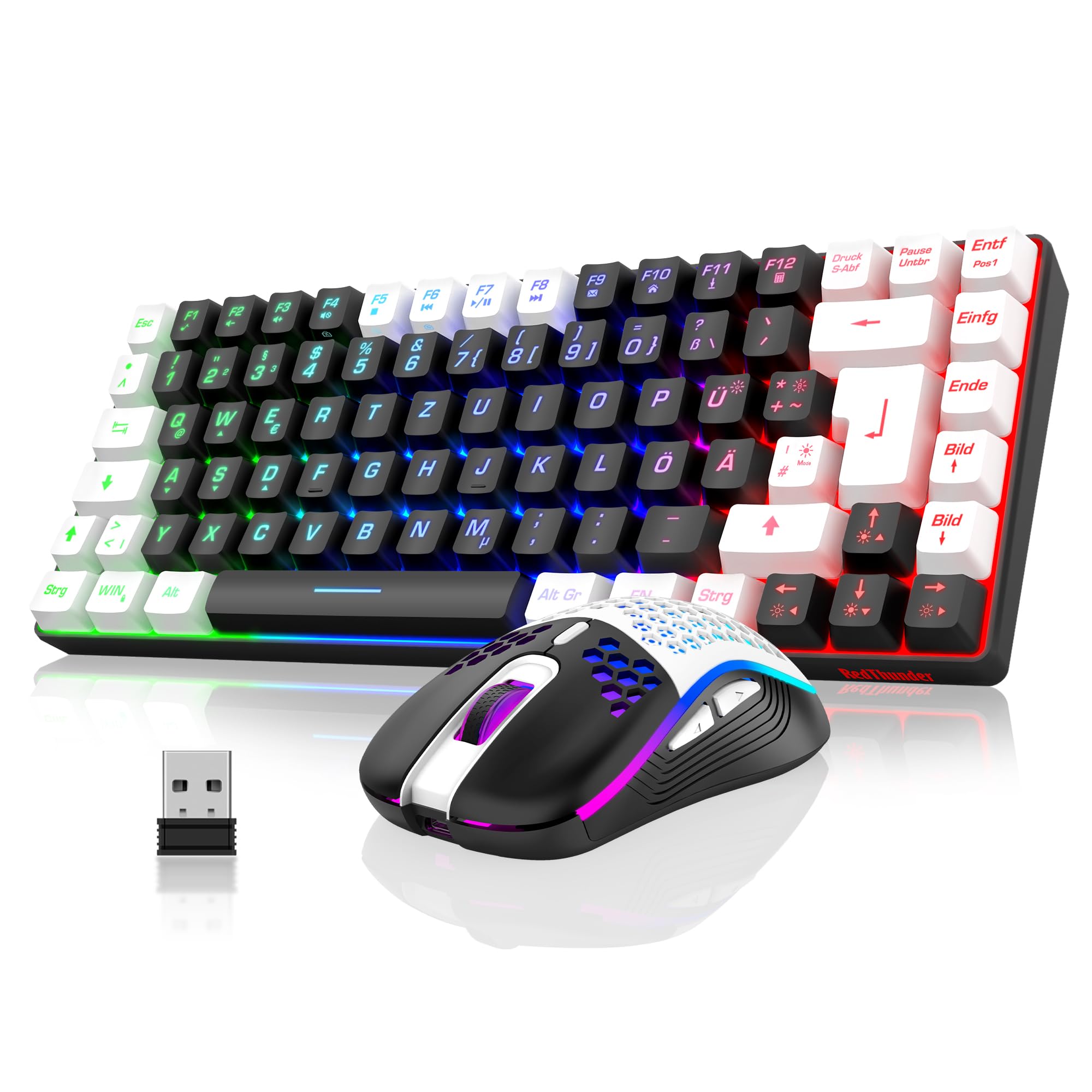 RedThunder 75% Kabelloses Gaming Tastatur und Maus Set, DE TKL Layout, 85 Tasten, Wiederaufladbar Kompakt, Ultraleicht 7200DPI-Maus mit Honeycomb Konstruktion für PC Mac PS5 Xbox Gamer (Schwarz-weiß)