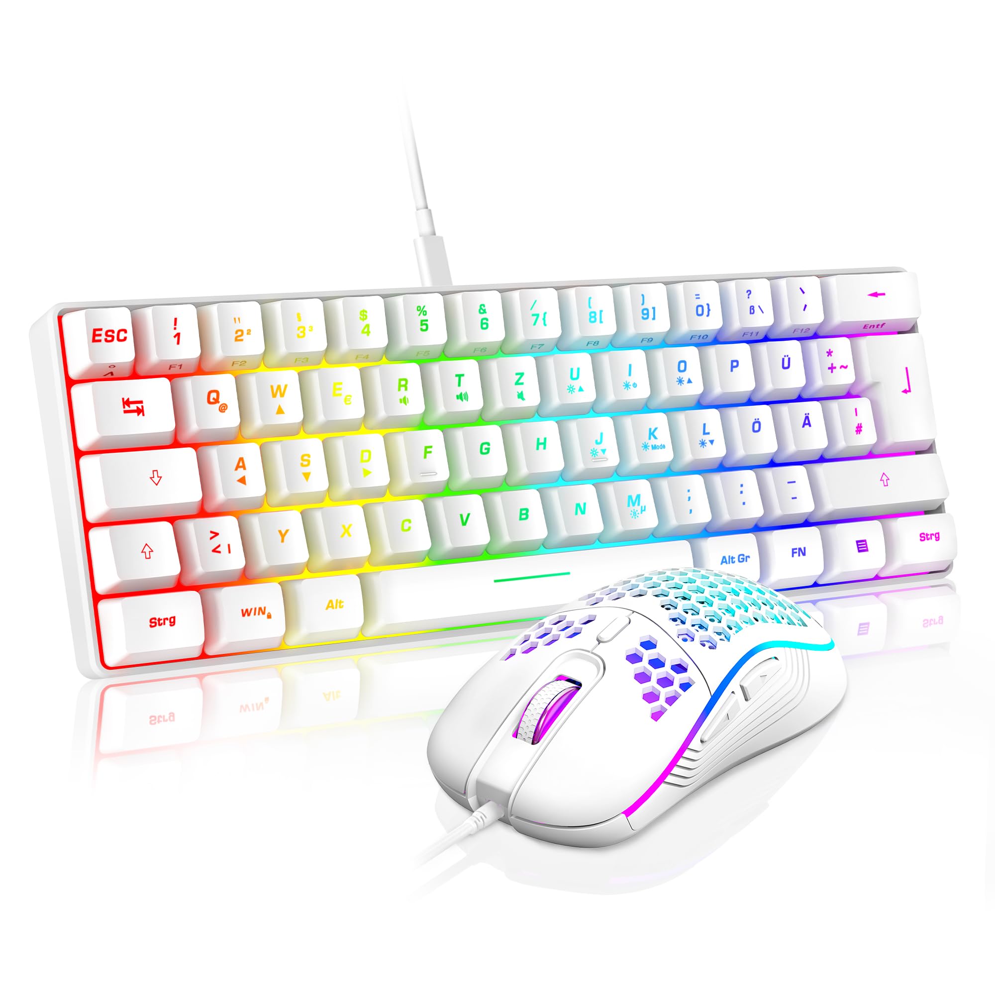 RedThunder 60% RGB Verkabelte Gaming Tastatur und Maus Set, 7200 DPI, Mini Gaming Tastatur, 62 Tasten, DE Layout, Ultraleichte Maus mit Wabenkonstruktion für PC MAC PS5 Xbox Gamer (Weiß).