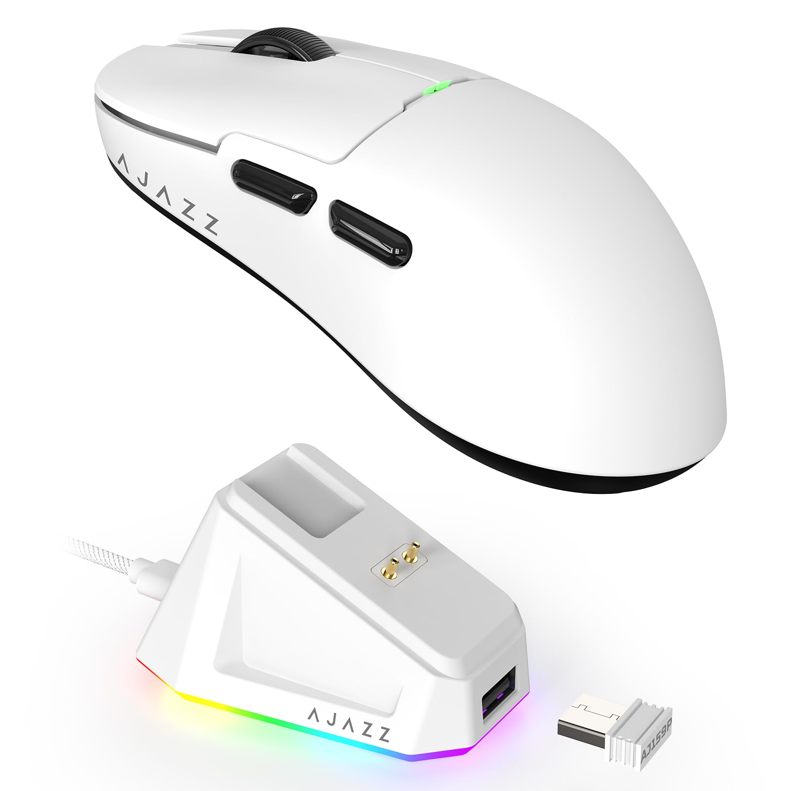 MAGIC-REFINER X AJAZZ AJ159P Kabellose Gaming-Maus Mit Magnetischem RGB-Ladedock, Gaming-Maus Für Kabelgebundene PCs 2.4G/USB-C, PAW3395-Sensor, 6 Einstellbare DPI Bis Zu 26000 Für PC/Mac-Weiß
