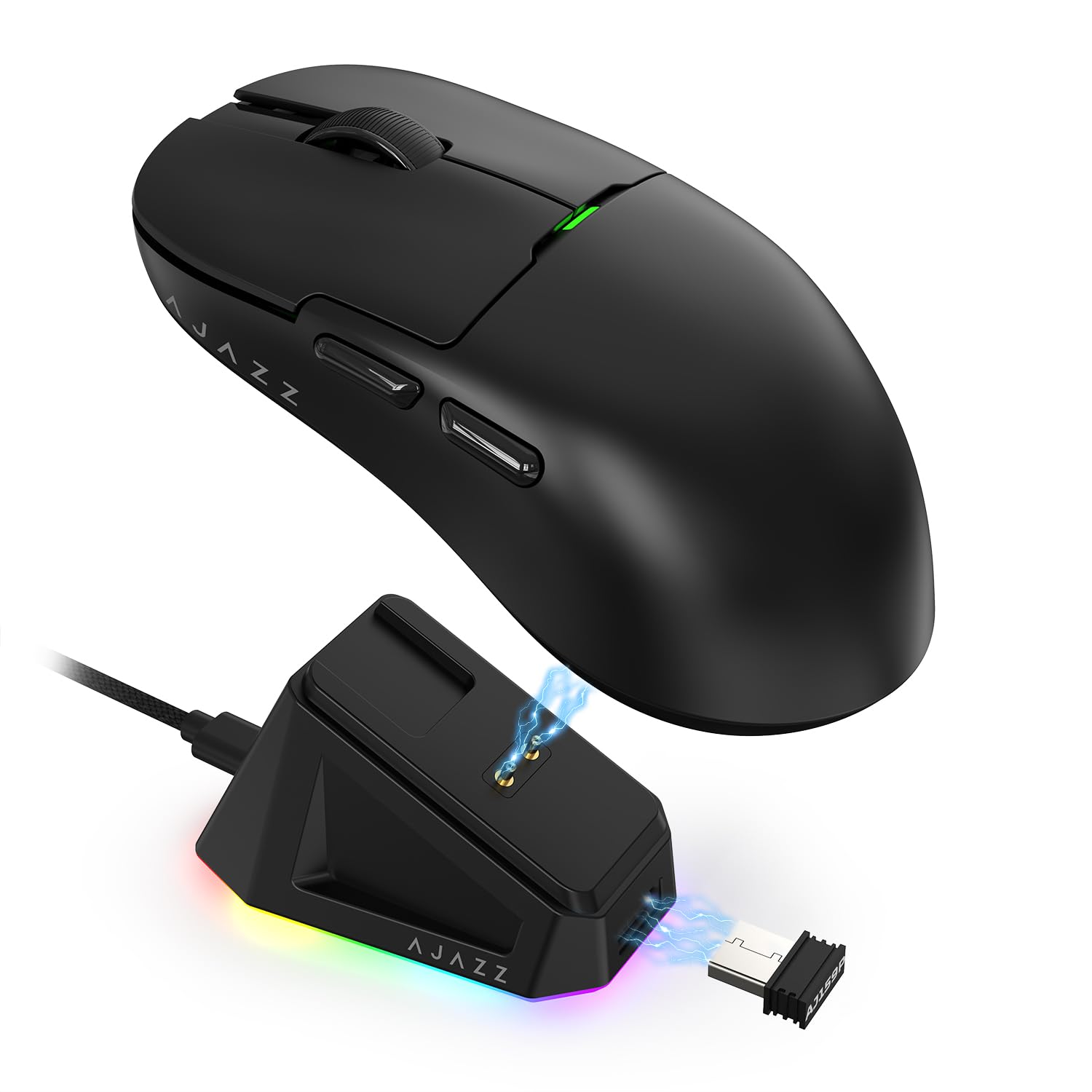 AJAZZ AJ159P SUPERLIGHT Kabellose Gaming-Maus mit Magnetischer Ladestation, Ultraleicht 56g, Pixart PAW3395 Sensor, 26000 DPI, 2,4GHz/Kabelgebunden, 6 Programmierbare Tasten, für PC/MAC (Schwarz)