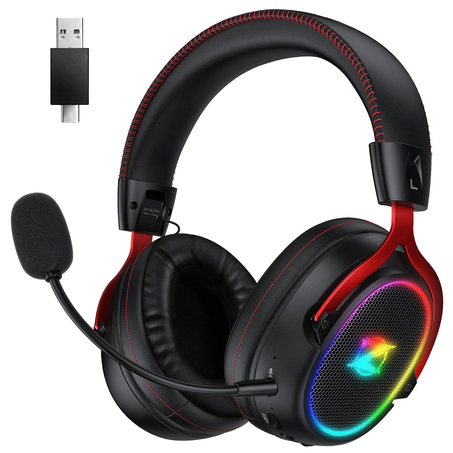 Ozeino OW310: Kabellose Gaming-Kopfhörer für PS4/PS5/PC, 2.4 GHz + Bluetooth 5.4, 7.1 Surround Sound, 40+ Stunden Akkulaufzeit, Schwarz und Rot