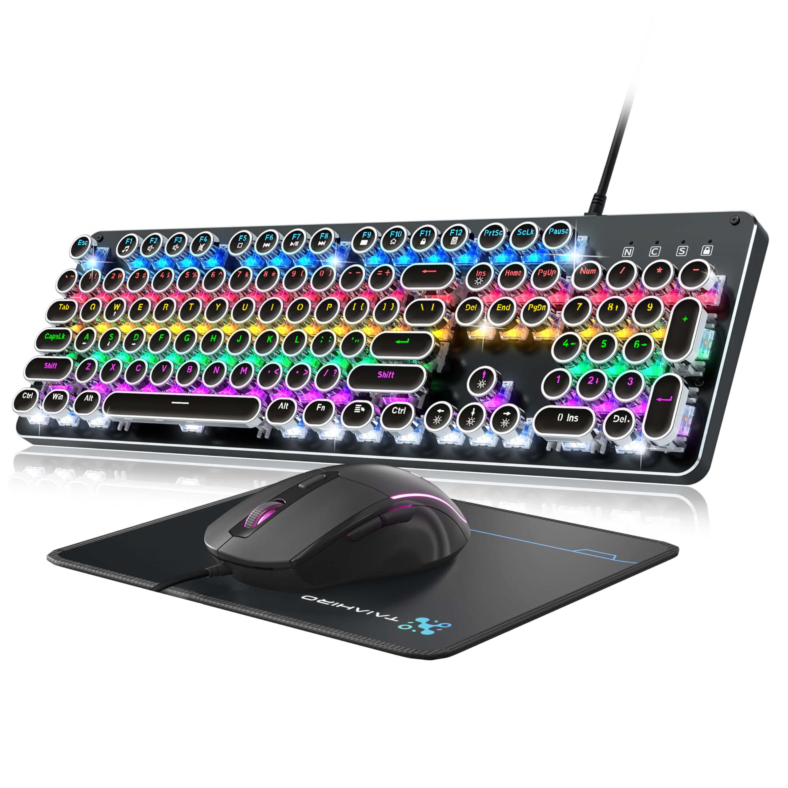 Schreibmaschine Mechanische Gaming-Tastatur und Maus, Metall-Panel, Retro-Tastatur mit runder Tastenkappe, blauer Schalter, RGB-Hintergrundbeleuchtung, 104 Tasten, Anti-Ghost-Tastatur, Maus und