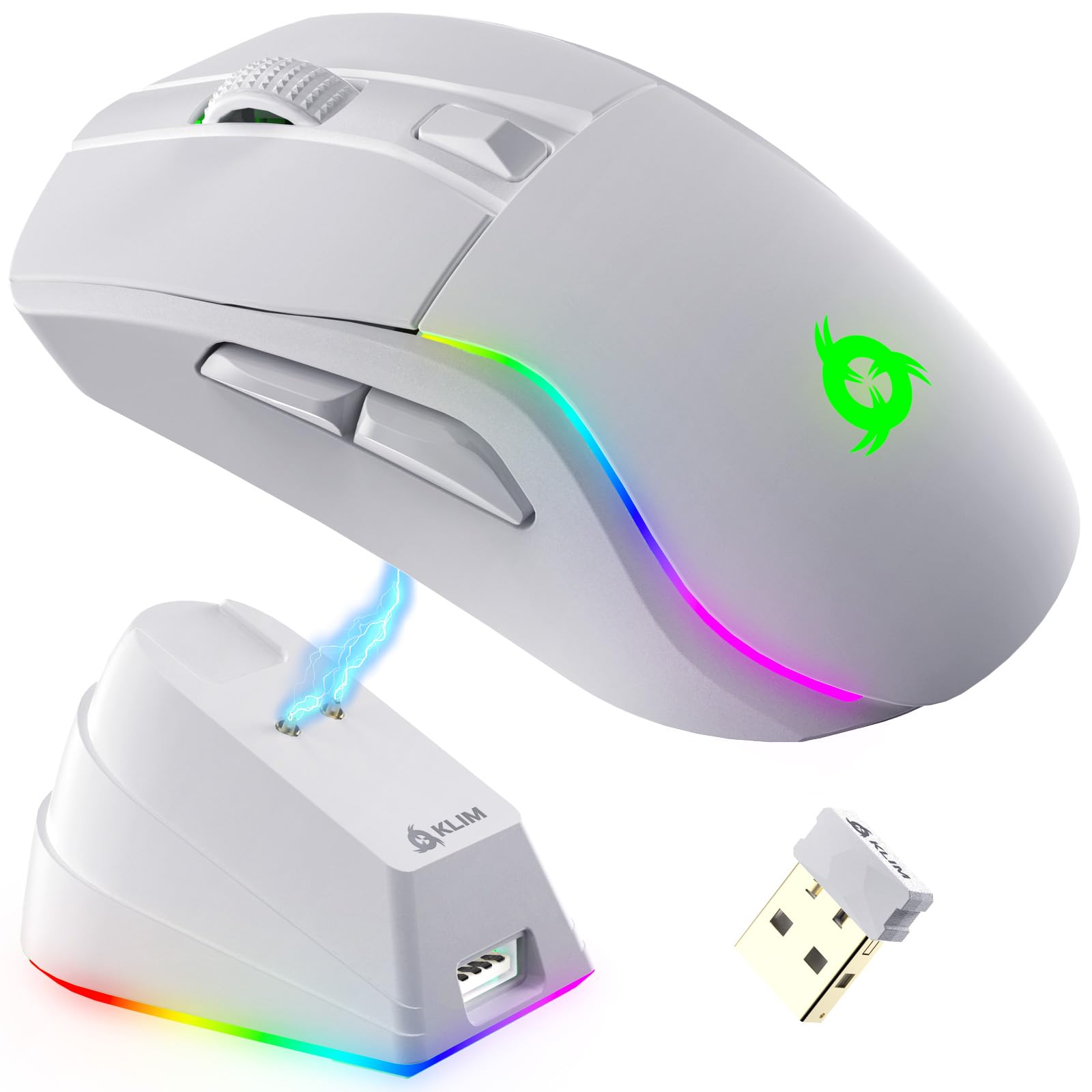 KLIM Blaze Y Wiederaufladbare kabellose Maus - NEU - Gaming Maus mit RGB und Ladestation - Hochpräziser Sensor und langlebiger Akku - Bis zu 6000 DPI - Kabel- und Wireless Mouse für PC - Weiß