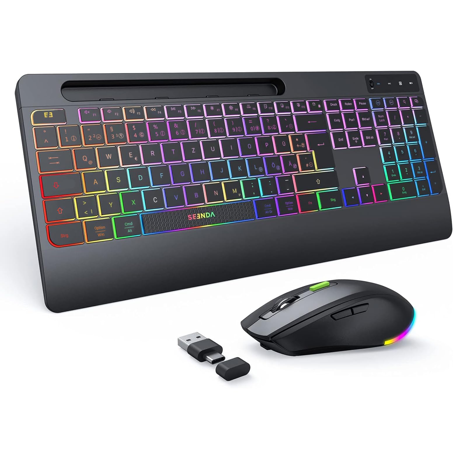 seenda JPX006 Tastatur Maus Set kabellos beleuchtet mit USB-A & USB-C Anschluss, wiederaufladbar, ergonomisch mit Handyhalter & Handballenauflage, leise Tasten, für PC & Mac– QWERTZ Layout
