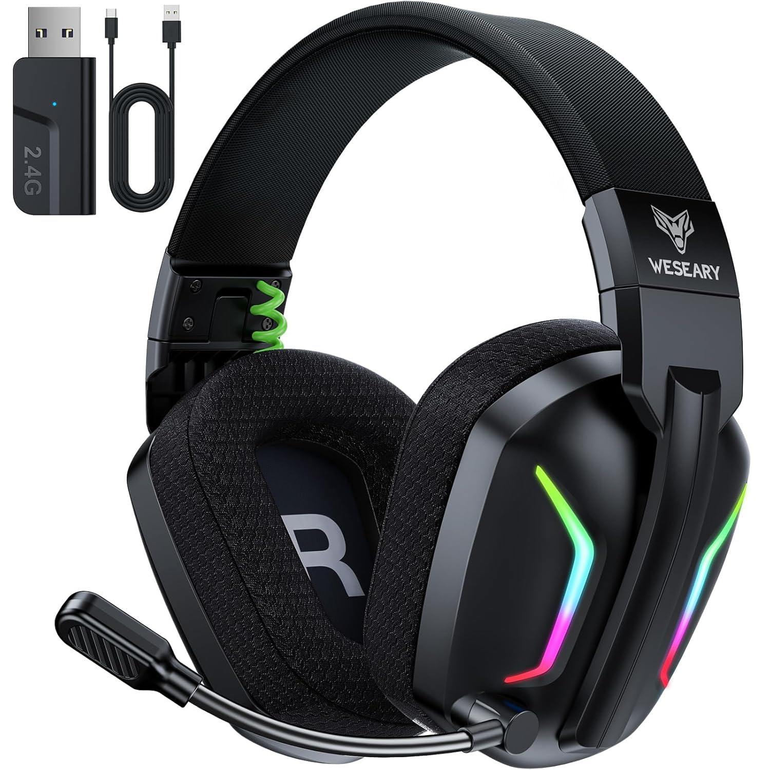 WESEARY WG1 Bluetooth Headset, 2,4G Wireless Gaming Headset mit Mikrofon für PS5, PS4, PC, Switch, Mac, Faltbarer Surround Sound Noise Cancelling Kopfhörer mit LED Licht, Über 50 Stunden Akkulaufzeit