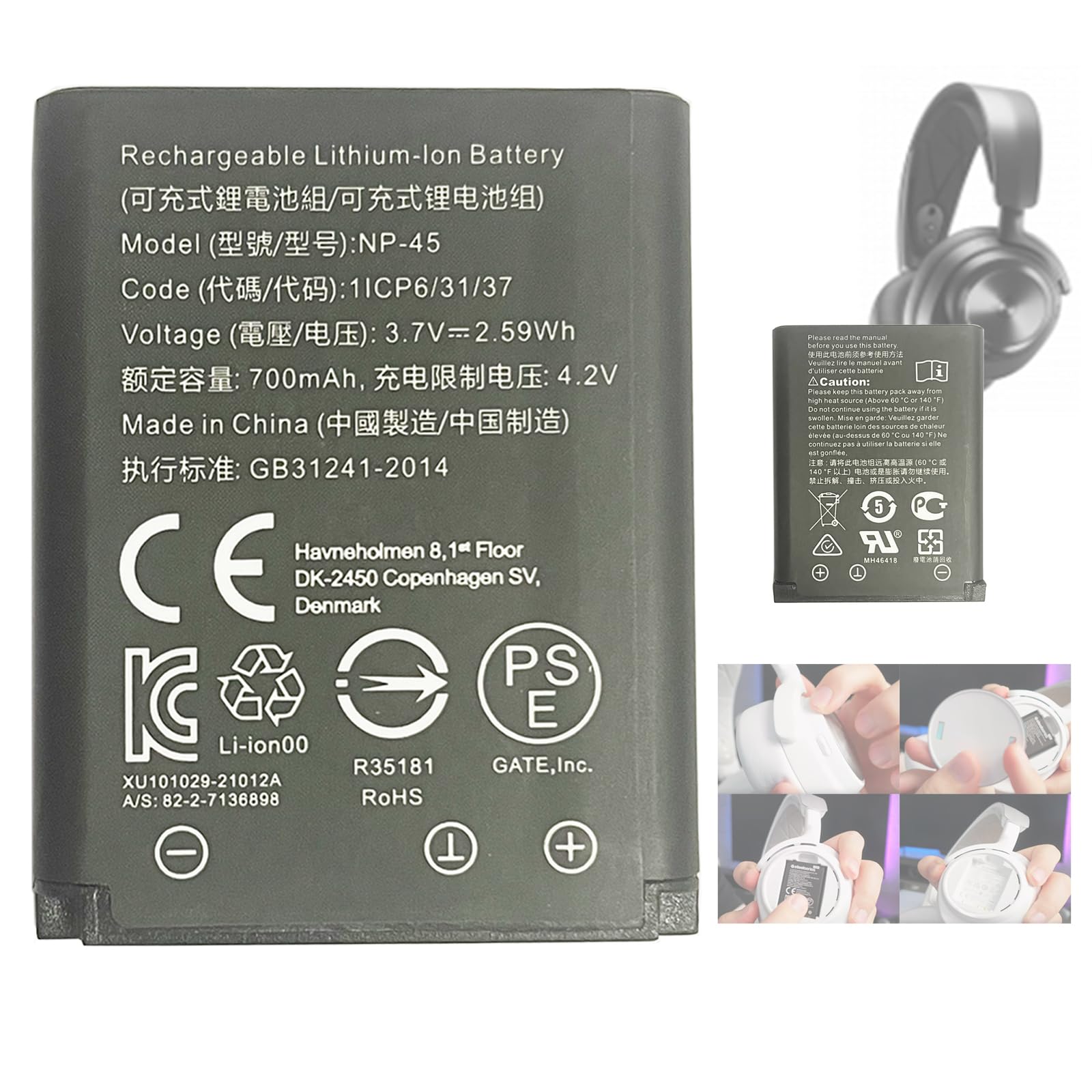 NP-45 ersatz akku Kompatibel mit SteelSeries Arctis Nova Pro, 61527 Wireless Bluetooth Headsets Multi-System Gaming Headset,Bosch S6EA, Bosch Nyon, 82-2-7136898 Spare Accu Pack 700mAh