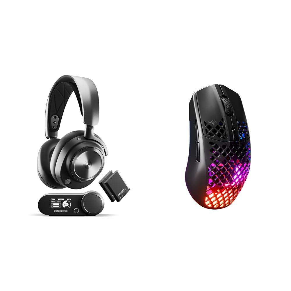 SteelSeries Arctis Nova Pro Wireless Gaming-Headset & Aerox 3 Wireless - RGB Gaming-Mouse mit Öffnungen in der Oberfläche