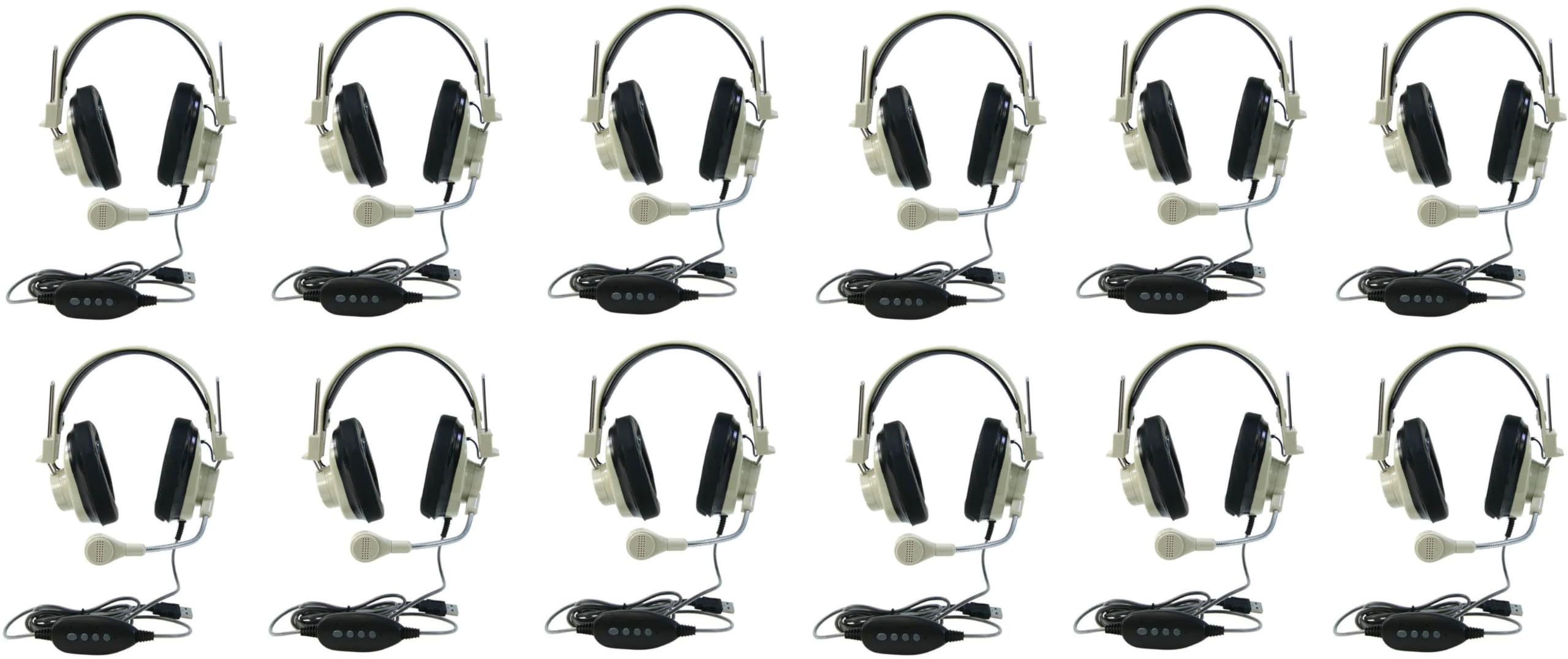Generic 3066-USB CT 12 Stück Deluxe Over-Ear Stereo Headset Beige Schwanenhalsmikrofon USB-Stecker 1,8 m langes 2-lagiges schnitt- und kaufestes Kabel verstellbares Kopfband geräuschreduzierende