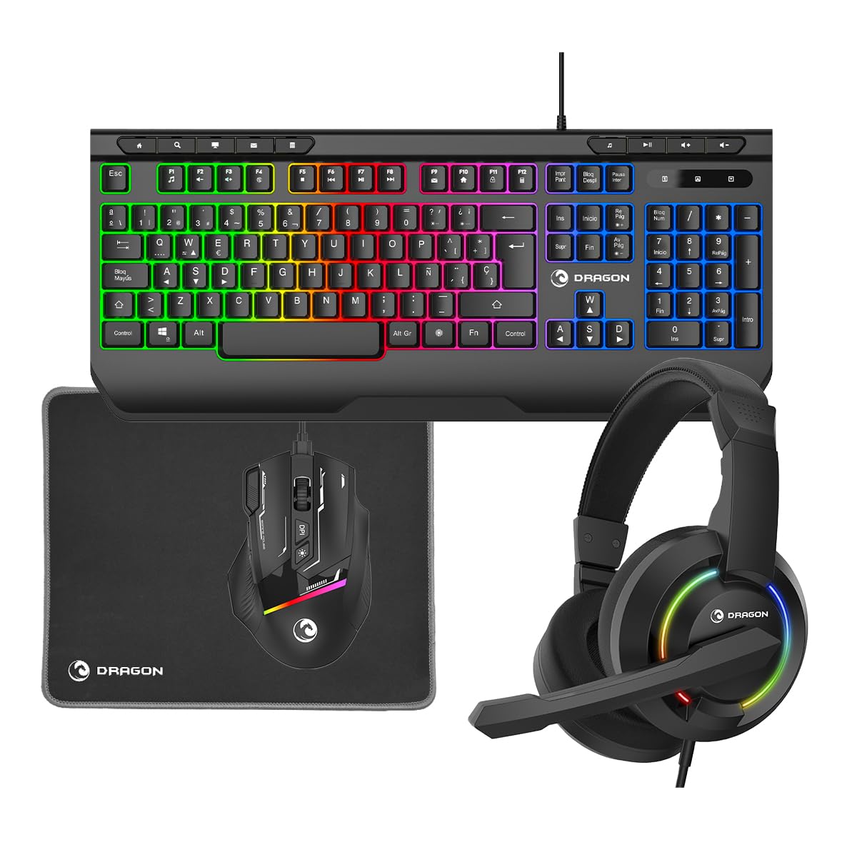 PRIXTON Gaming Set Dragon | Komplettset mit RGB-Tastatur, Maus, Headset, Mauspad