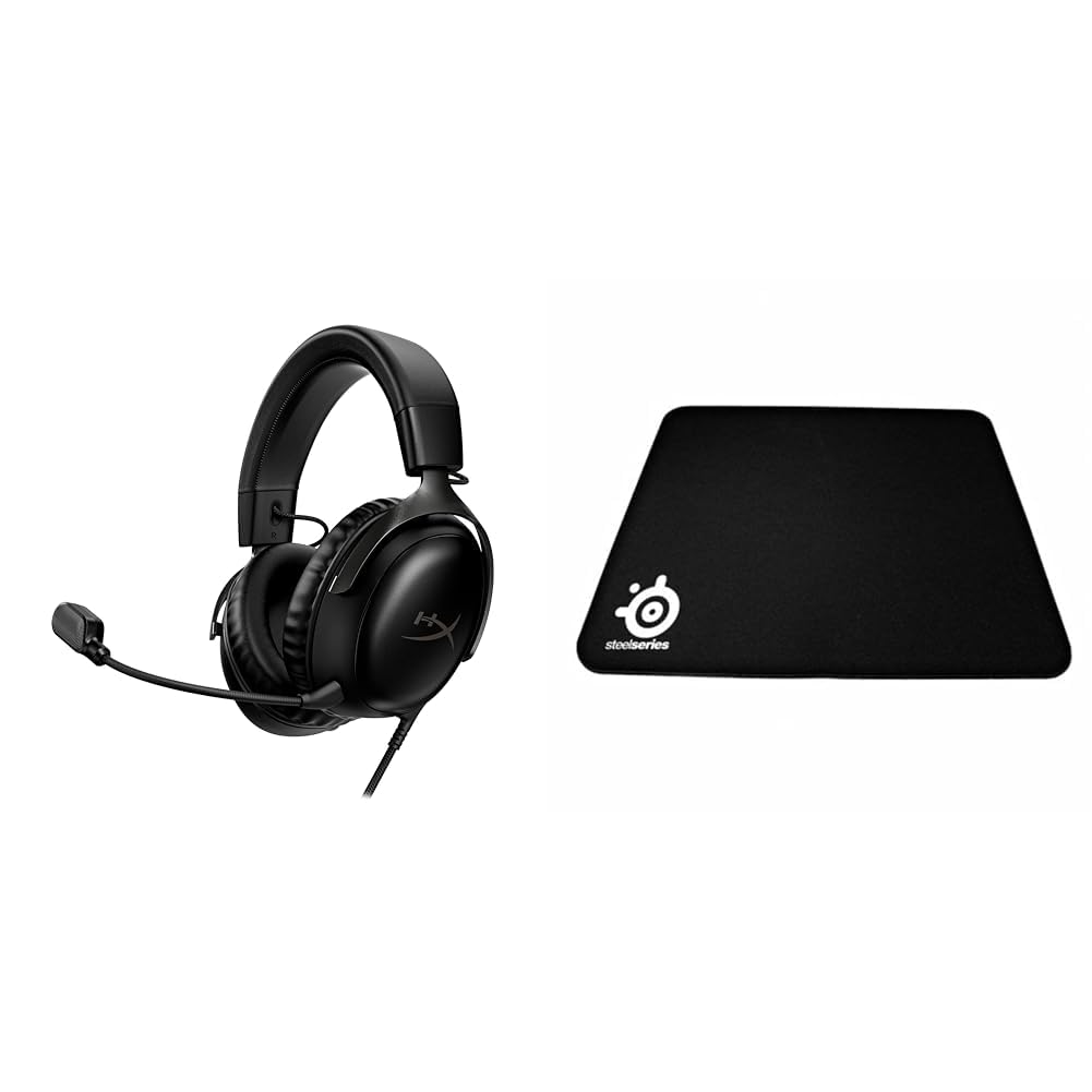 HyperX Cloud III – Kabelgebundenes Gaming-Headset, PC, PS5, Xbox Series X|S & SteelSeries QcK Heavy - Gaming-Mauspad - Stoff - Gummiunterseite - Schwarz (450mm x 400mm x 6mm)