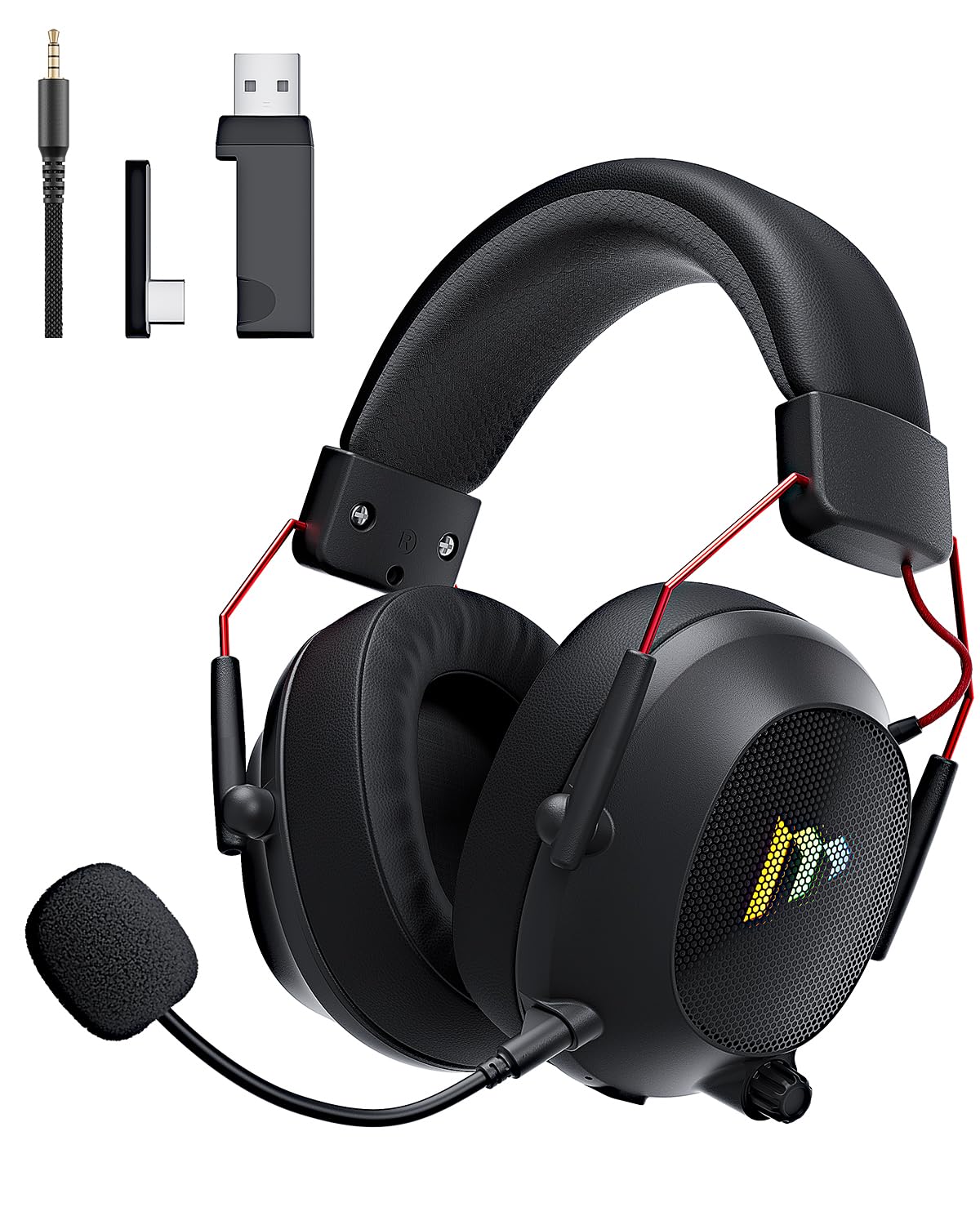 Mytrix Tac Master 2,4 GHz kabelloses Gaming-Headset mit Mikrofon mit Geräuschunterdrückung für PC, PS4, PS5, Mac, Bluetooth 5.3 Gaming-Kopfhörer mit RGB-Licht, Surround-Sound, 48-Stunden-Akku Schwarz