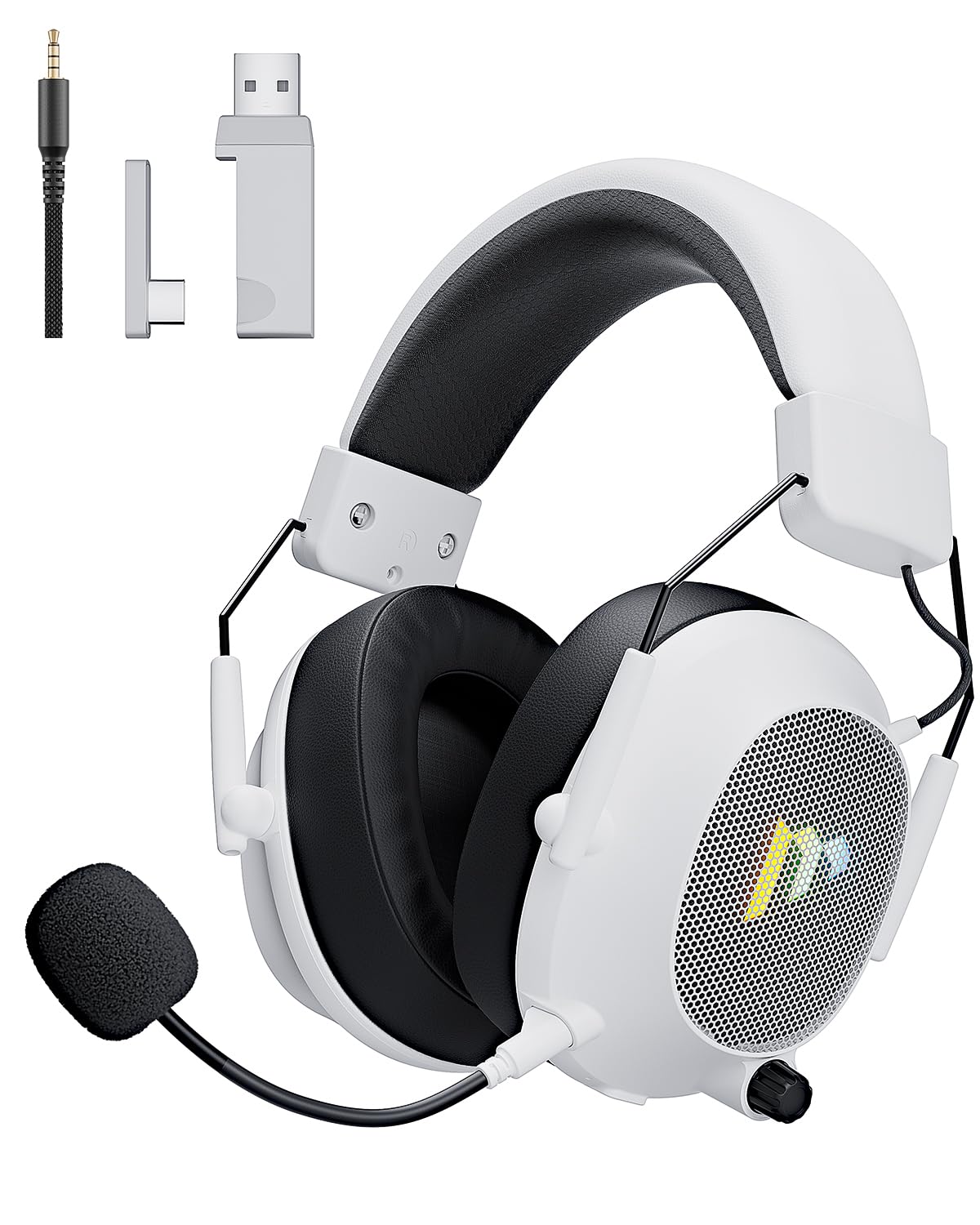 Mytrix Tac Master 2,4 GHz kabelloses Gaming-Headset mit Mikrofon mit Geräuschunterdrückung für PC, PS4, PS5, Mac, Bluetooth 5.3 Gaming-Kopfhörer mit RGB-Licht, Surround-Sound, 48-Stunden-Akku Weiß