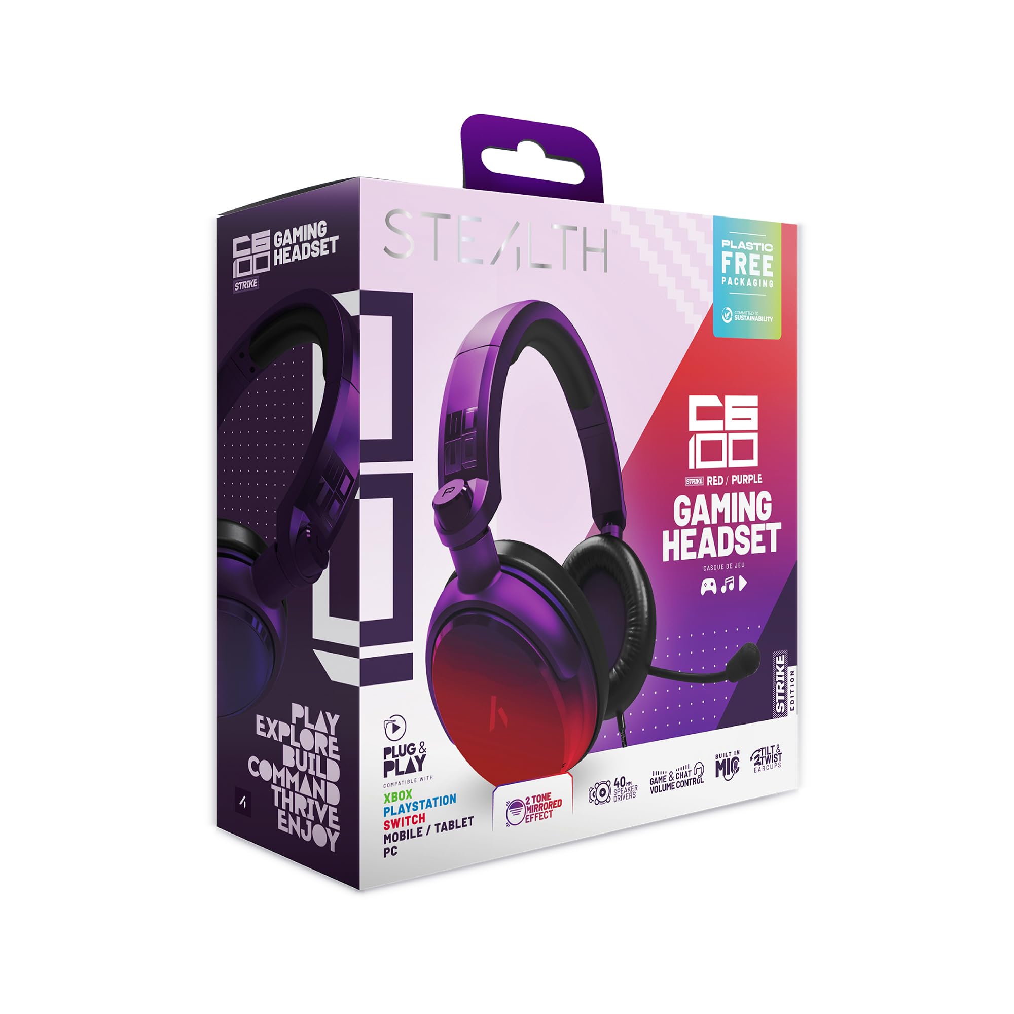 Stealth C6-100 Gaming Headset Strike - Rot & Lila, Multiplattform-kompatibel mit Xbox, PS, Switch, PC, Handy und Tablet