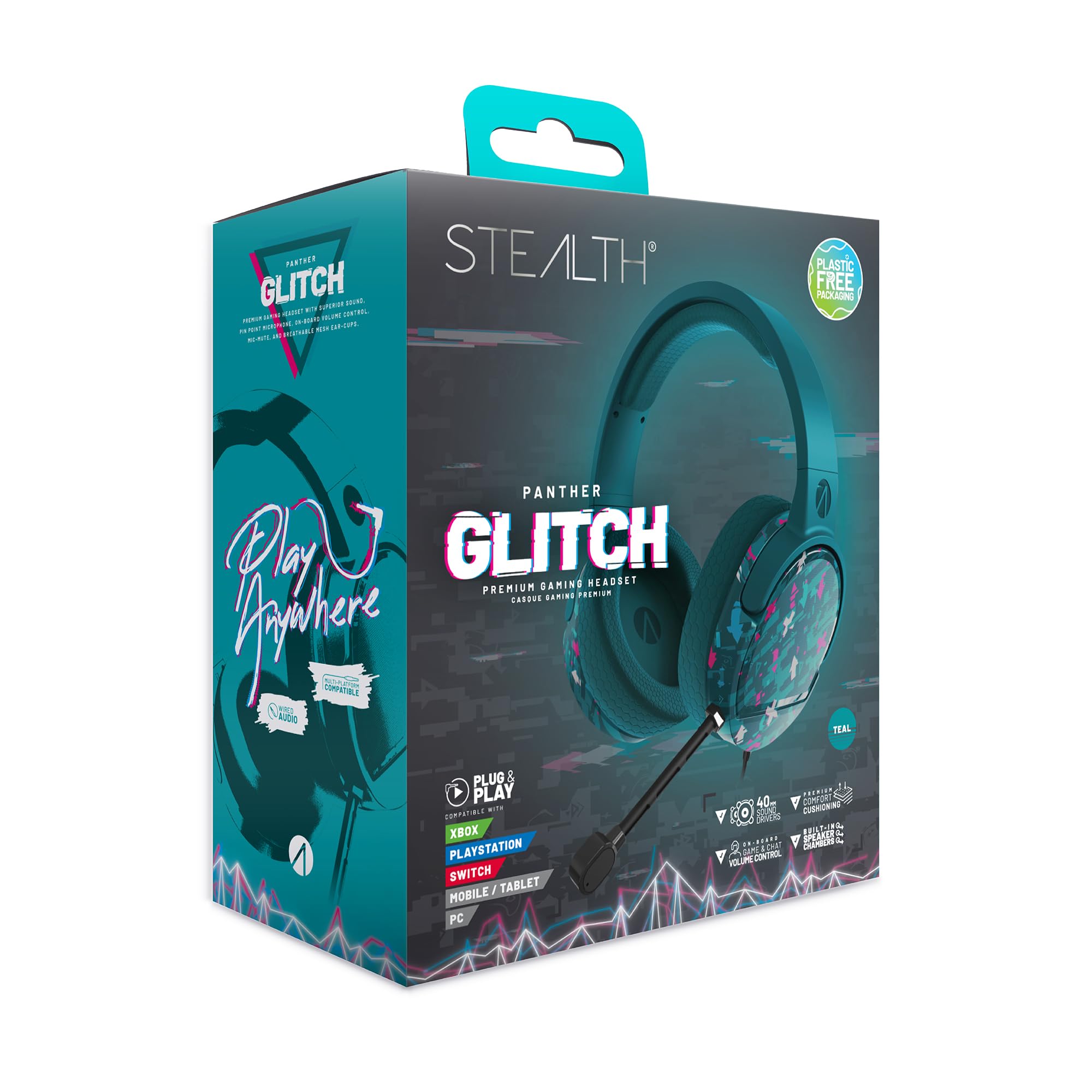 STEALTH Panther Gaming Headset Glitch - Türkis, Over Ear Gaming Headset Kompatibel mit PS4/PS5, Xbox, Switch, PC mit flexiblem Mikrofon, 3,5 mm Klinke, 1,5 m Kabel, leicht, bequem und langlebig