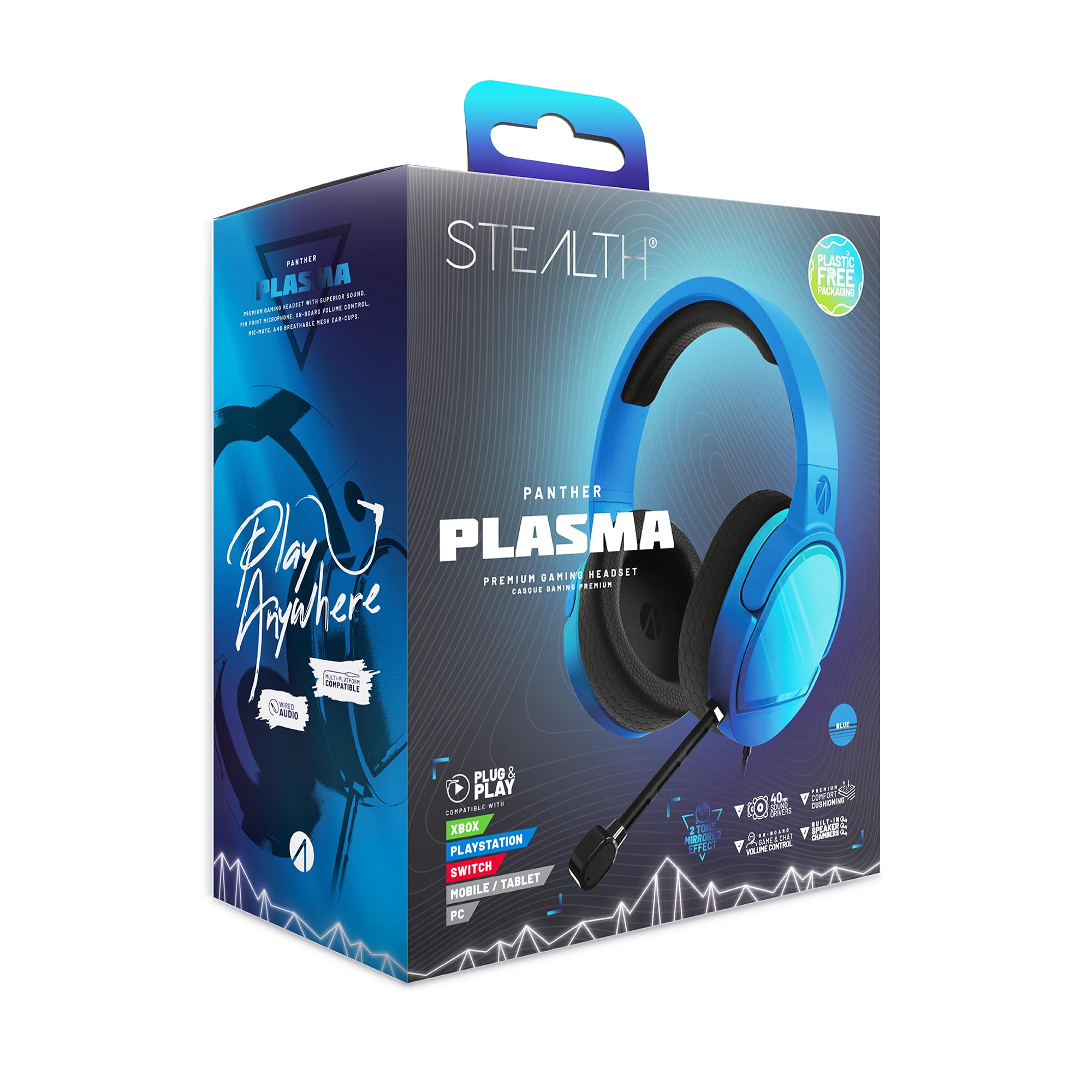 STEALTH PANTHER Plasmablau - Over Ear Gaming Headset Kompatibel mit PS4/PS5, XBOX, Switch, PC mit flexiblem Mikrofon, 3,5 mm Klinke, 1,5 m Kabel, leicht, bequem und langlebig