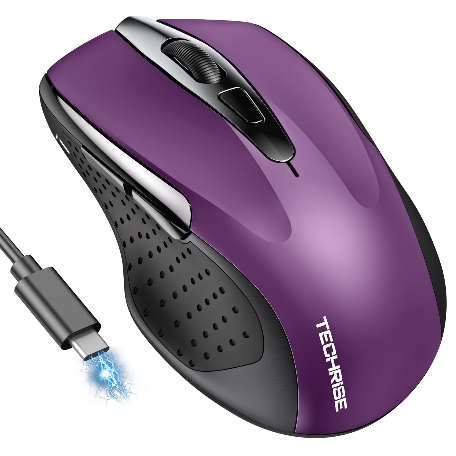 TechRise Bluetooth Maus, 2.4G Maus Kabellos (BT 5.0/3.0 + 2.4G) 4800 DPI Wiederaufladbare Ergonomische Mouse mit USB-A Empfänger, 6 Stufen DPI Stille Funkmaus für Laptops, Computer, PC, Windows, Lila