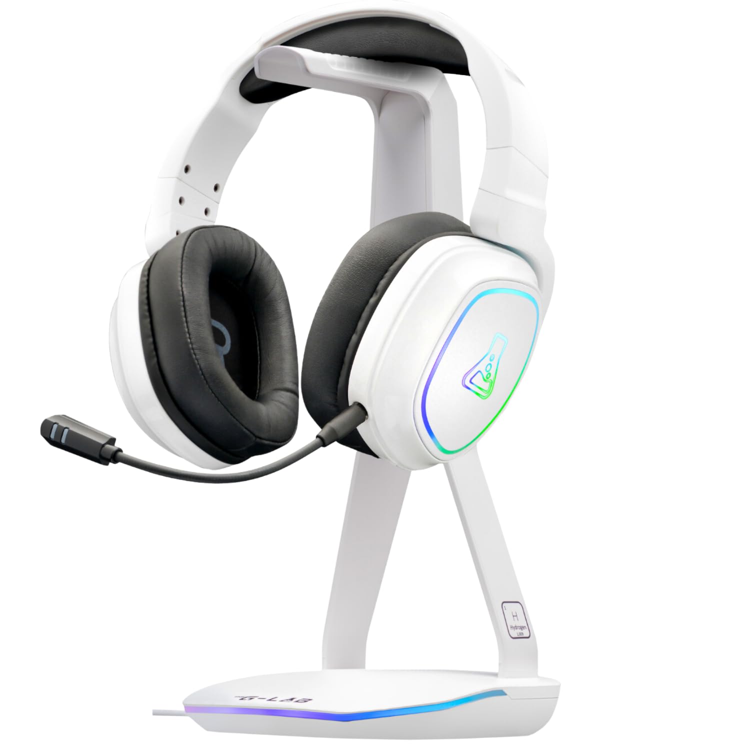 THE G-LAB – K-Stand Hydrogen – Gaming Kopfhörer Ständer – RGB mit 7 Farben, EIN/Aus-Schalter, 2X USB + USB-C, rutschfeste Basis – Universeller Ständer für Gaming-Headsets PC/PS5/PS4/Xbox – Weiß