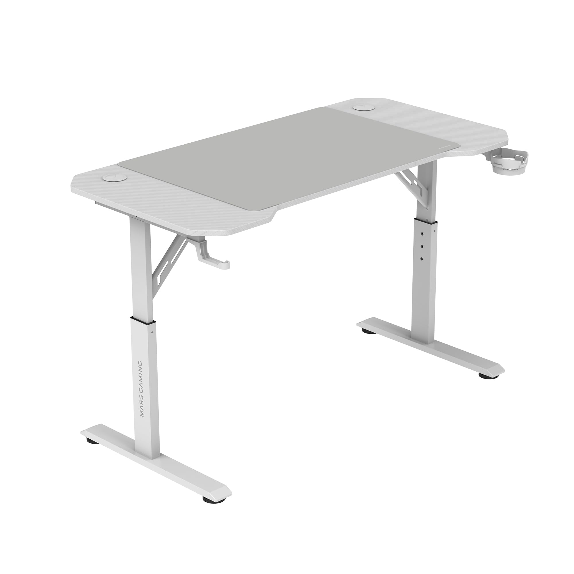 Mars Gaming MGD-ERGO120, Höhenverstellbarer Gaming-Tisch 3 Positionen, Ergonomische Oberfläche, Metallstruktur, XXL-Mauspad, Headset- und Getränkehalter, Kabelmanagement, Gaming Desk 120x60cm, Weiß