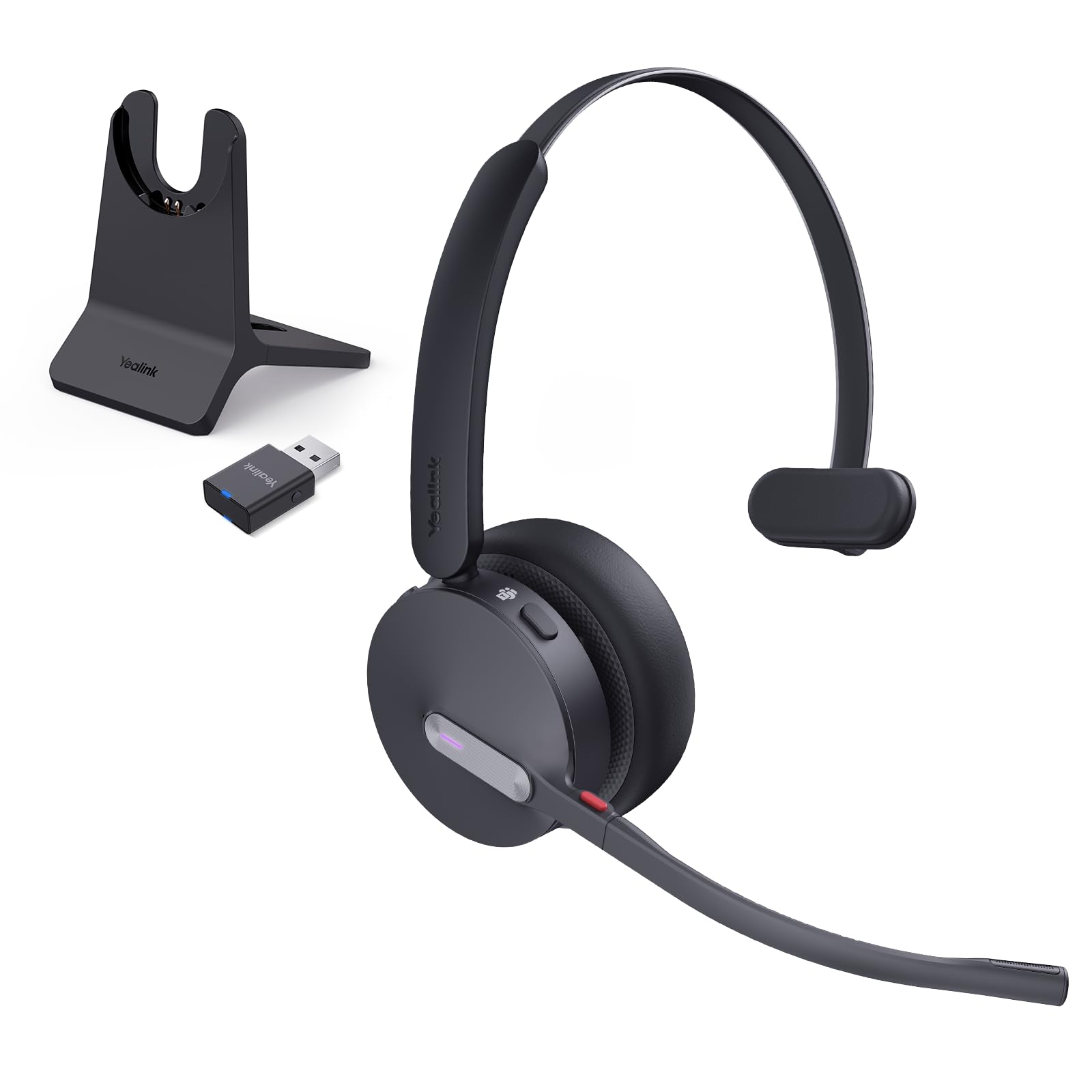 Yealink WH64 Hybrid DECT & Bluetooth Wireless Headset mit 3 Mikrofonen für die Arbeit mit Ladeständer, 492ft Reichweite, 26H Sprechzeit, Büro tragbare Single On Ear Headsets für Teams PC IP Telefon