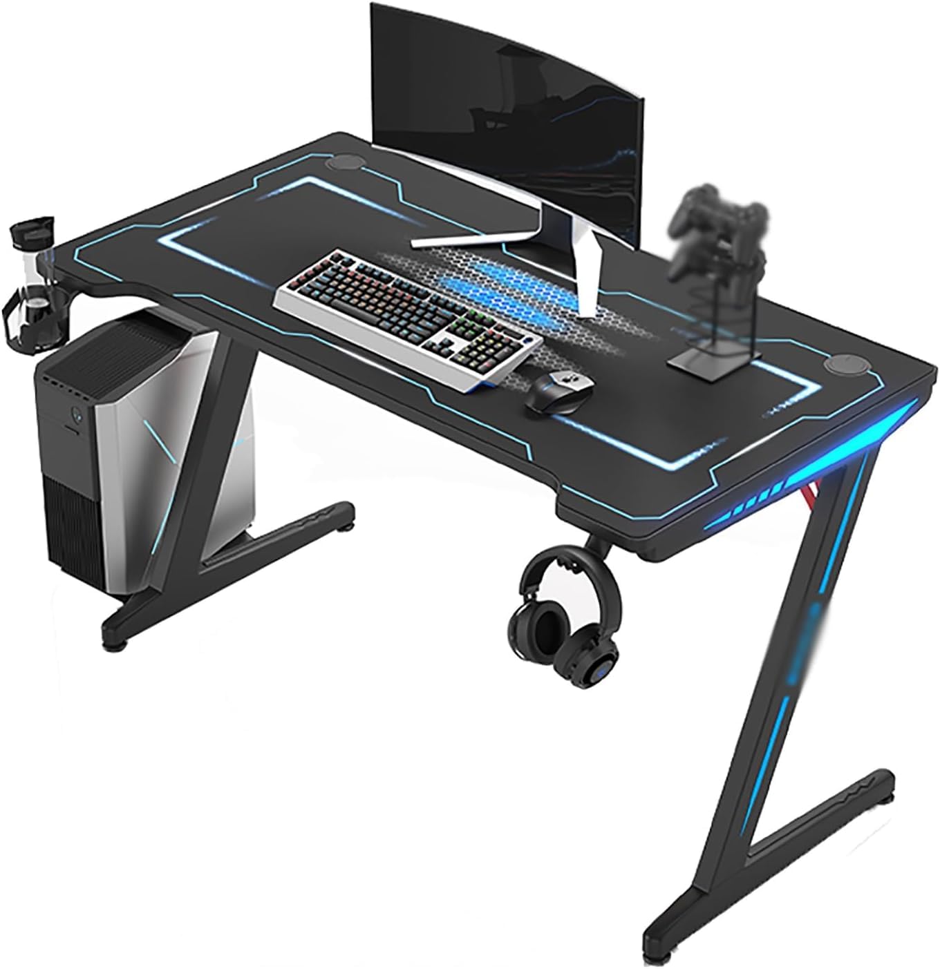 Computertisch, Schminktisch, Nachttische, Gaming-Schreibtisch mit RGB-Beleuchtung, Z-förmiger Gaming-Schreibtisch mit Headset-Haken und Getränkehalter, Gamer-Spiel aus Spanplatten