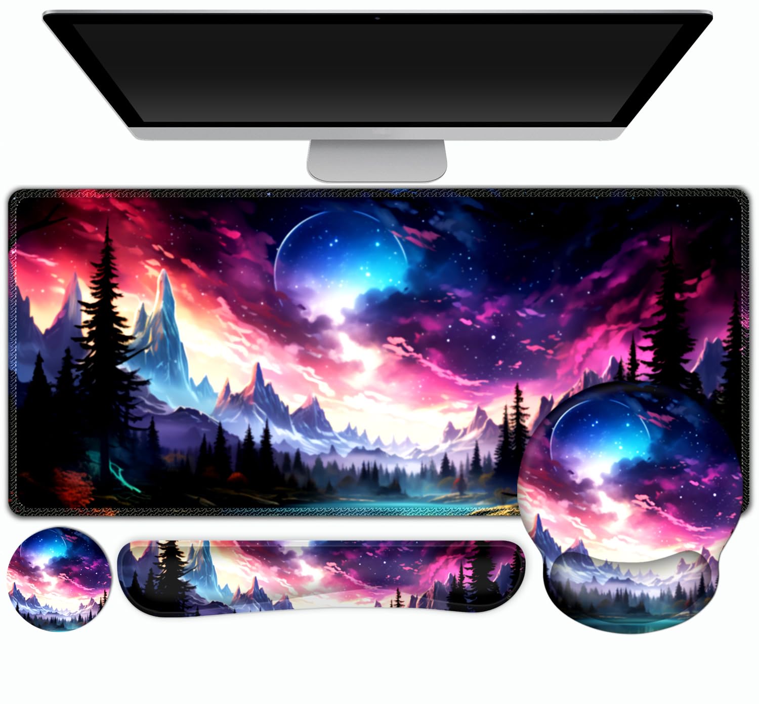 Gaming-Mauspad, große Schreibtischunterlage, niedlicher Schreibtischunterlage, 4-in-1 XXL-Mauspad + Tastatur-Handgelenkauflage + Maus-Handgelenkauflage + Untersetzer-Set mit ergonomischer