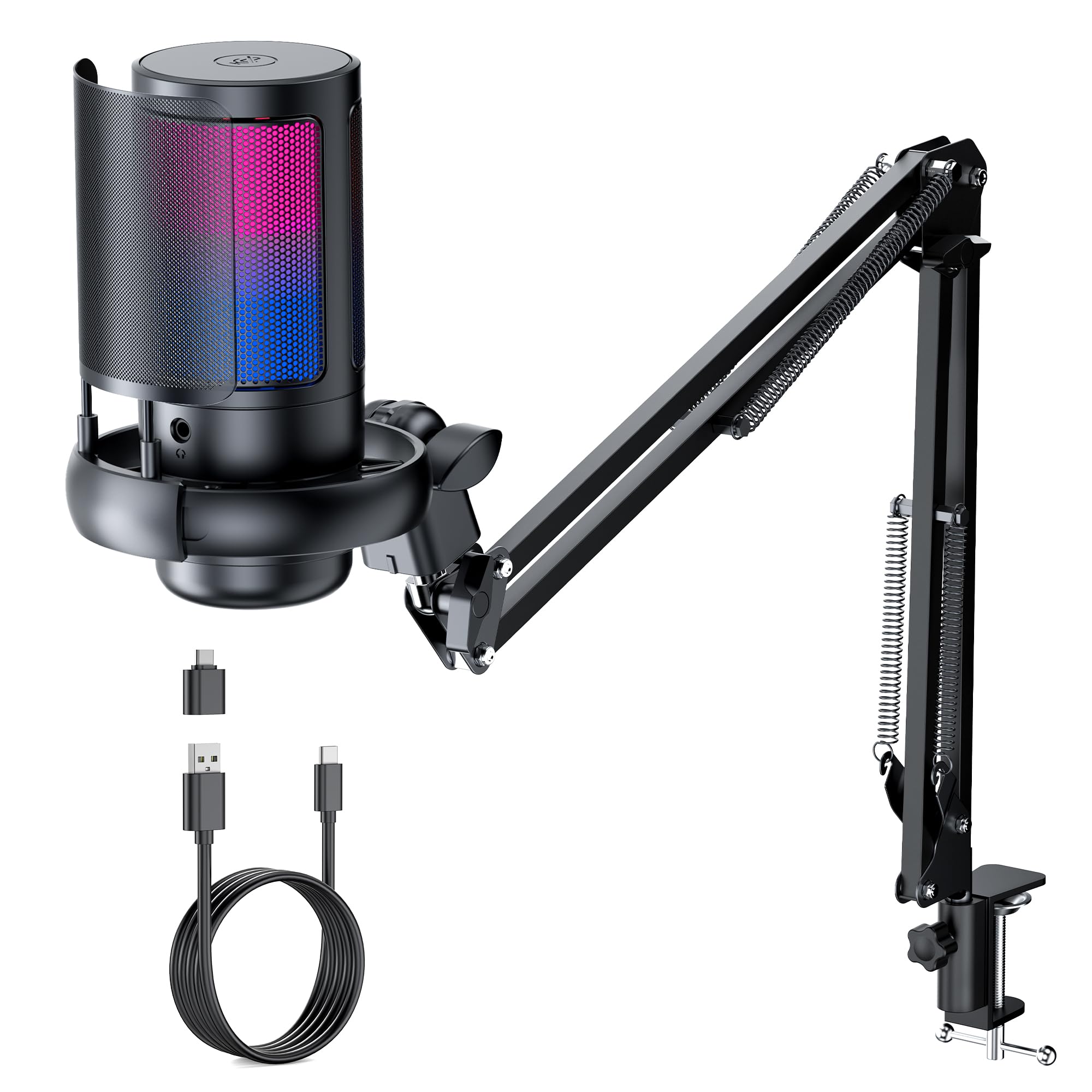 Gaming Mikrofon Mit Arm - RGB Podcast Mikrofon für PC, Streaming, PS4/PS5/MAC - USB Microphone