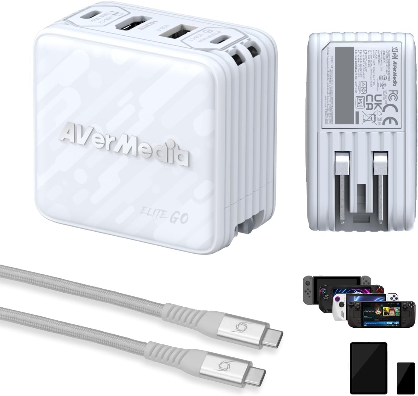 AVerMedia Capture-Karte für Streaming, 1080p60 HDMI, Tragbares Ladegerät für Nintendo Switch, 100W GaN-Schnellladung USB-C-Hub, TV-Dockingstation mit 4K60 HDMI, ELITE GO GC313Pro