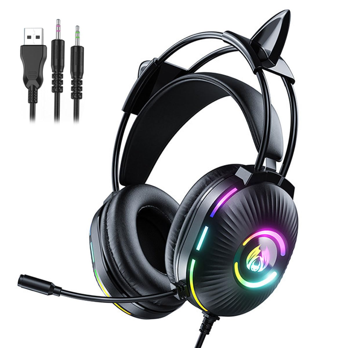 Gaming-Kopfhörer mit Mikrofon, süßes RGB-Kabel-Headset mit Mikrofon mit Geräuschunterdrückung, Over-Ear-Ohrhörer mit Katzenohren für Gamer/PC/Streamer/Cosplay (Schwarz)