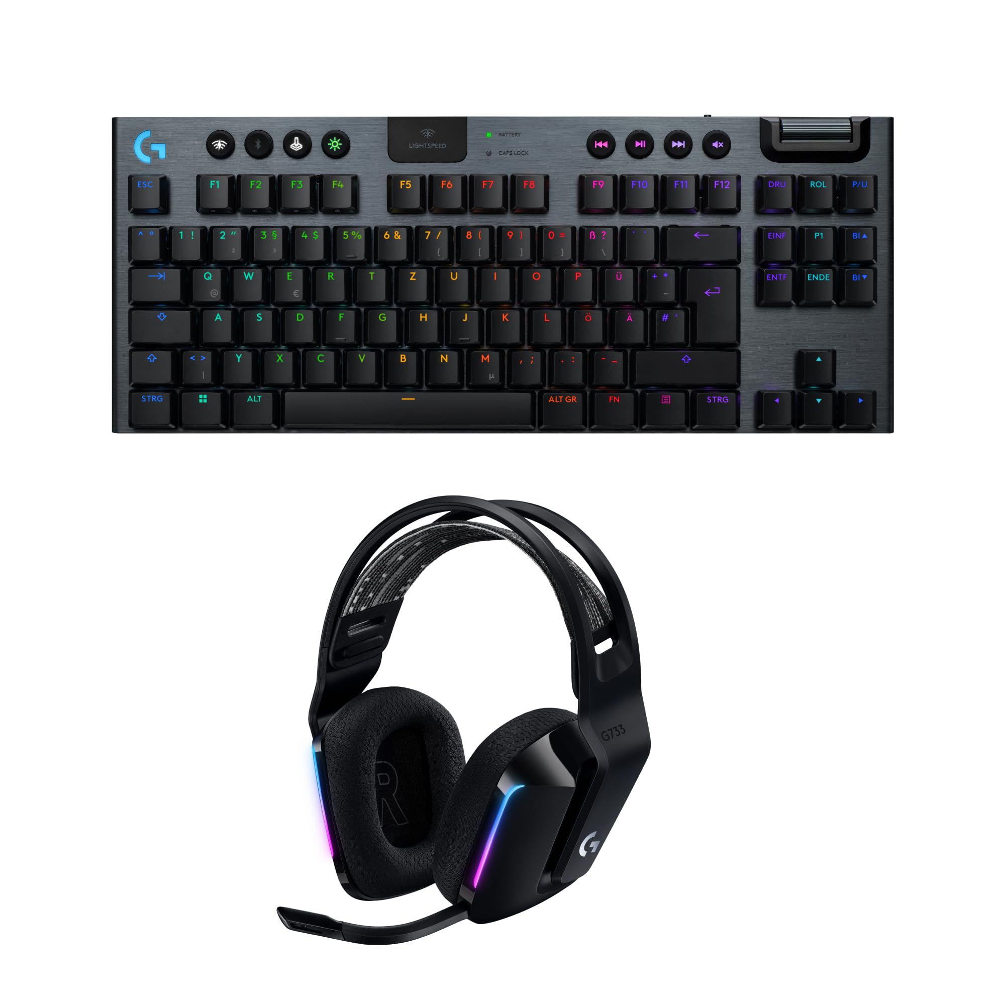 Logitech G G915 X LIGHTSPEED TKL - flache kabellose Gaming-Tastatur mit Double-Shot-PBT-Tastenkappen, DEU QWERTZ-Layout, Logitech G733 LIGHT SPEED wireless gaming headset with headband, LIGHTSYNC RGB