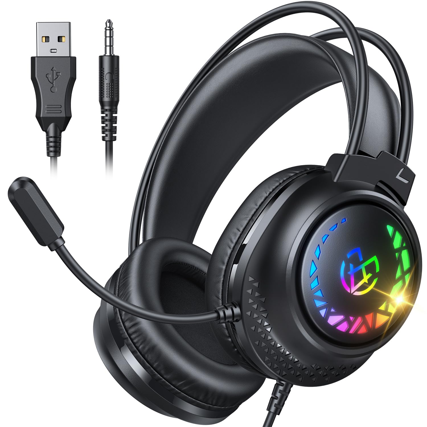 Tatybo Gaming-Headset für PS5, PS4, Xbox Series X/S, kabelgebundene Gaming-Kopfhörer für Switch, Xbox One, PC, Stereo, Surround-Sound, Geräuschunterdrückung, Mikrofon, LED-Leuchten