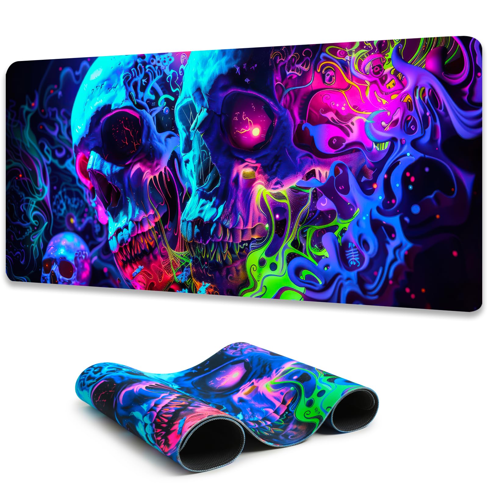 Simpkeely Horror Skull Mauspad, Blacklight Buntes Skelett Gaming Große rutschfeste Gummibasis Mausmatte, Leuchtende Dunkel-Abstract Schreibtischmatte für Büro Zuhause - 80 x 30 cm