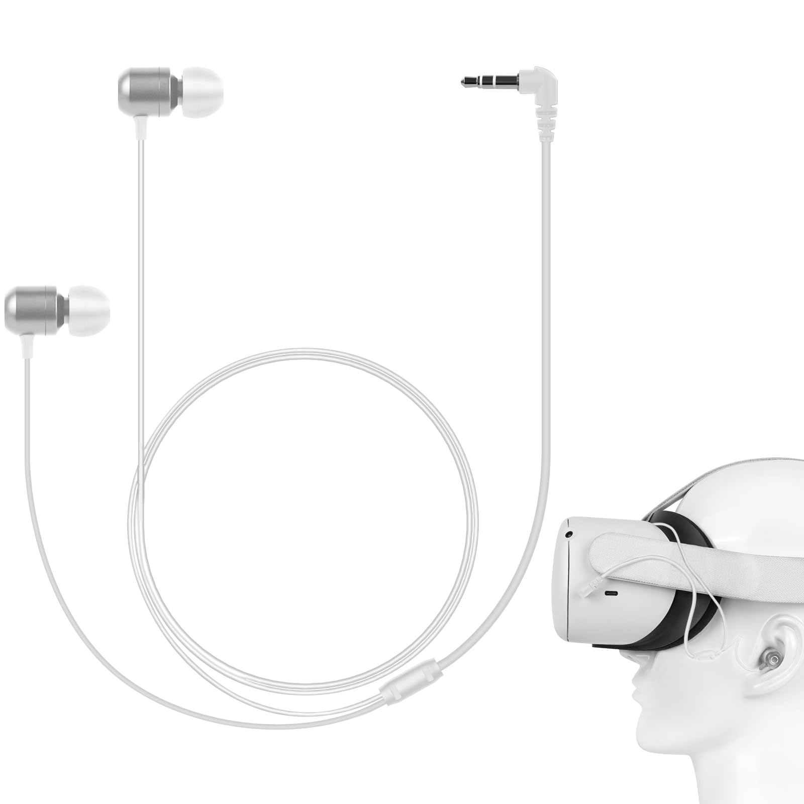 GEEKRIA VR In Ear Kopfhörer Kompatibel mit Meta Quest 3/Quest 2/Pico Neo 3/HTC Vive, Kurze Ohrhörer mit S/M/L Größe Ohrstöpsel, 3,5 mm Aux 360 Grad Sound Ohrhörer für Gaming Headset (Weiß)