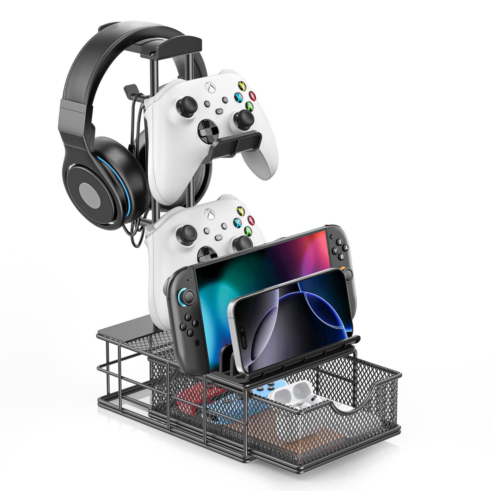 KDD Kopfhörer Ständer mit Schublade - Universal Controller Halter & Gaming Headset Halterung mit Kabel Organizer - Aluminium Kopfhörer Halter Tisch für Alle Over Ear Switch PS4 PS5 Xbox Gaming Sachen
