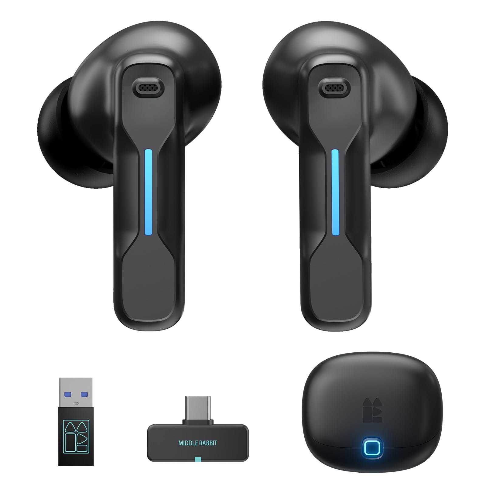 Middle Rabbit SW5 Gaming In-Ear Kopfhörer kabellos mit 2.4GHz USB Dongle & Bluetooth 5.4, 20ms Ultra Low Latency, KI-Mikrofon, Dual-Mode Headset, Kompatibel mit PC PS5 PS4 Switch VR Desktop Handy
