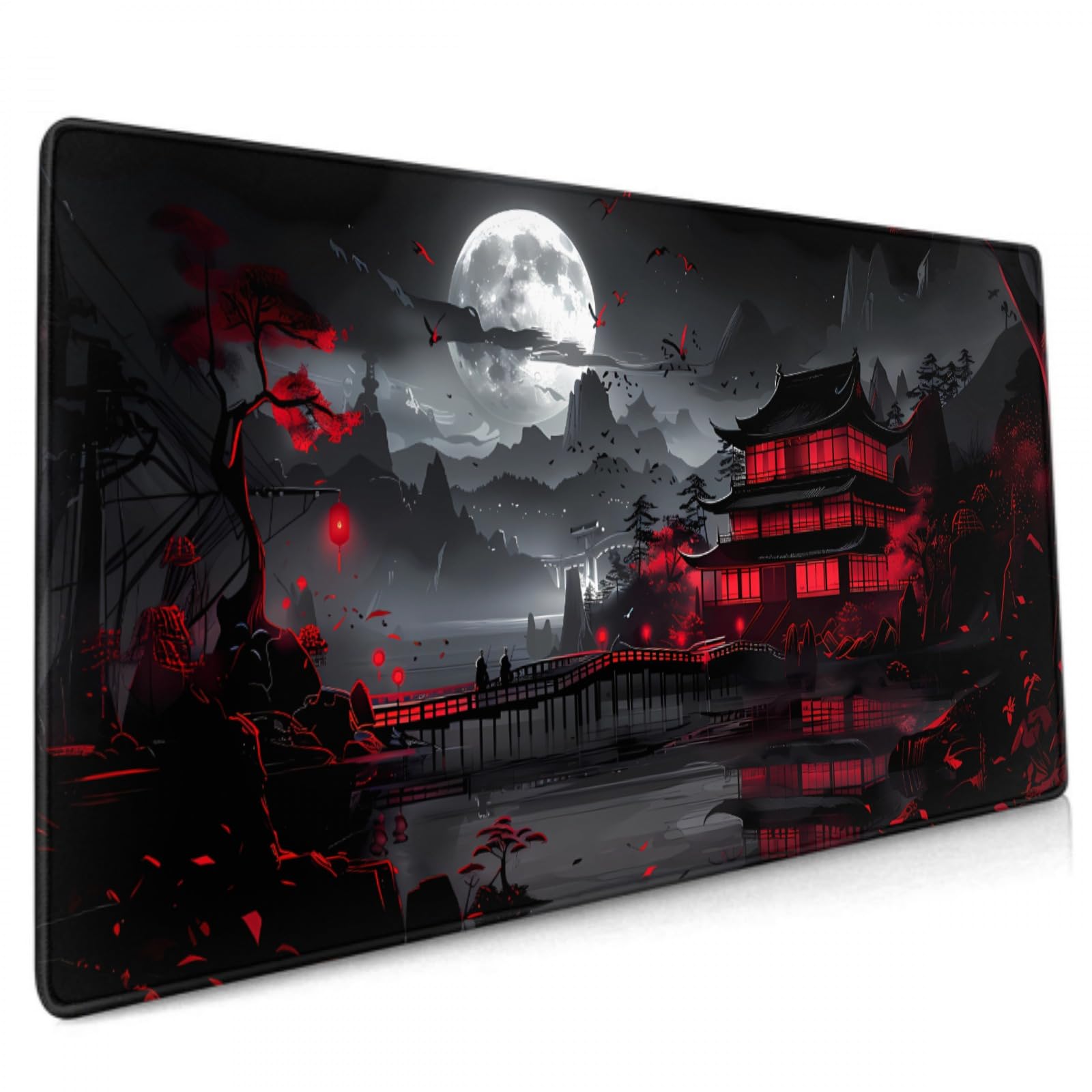 Schwarz-Rotes Japanisches Mauspad XXL 35,4 x 15,7 cm Design-Stil, verlängertes großes Gaming-Mauspad, rutschfeste Gummiunterseite, genähte Kanten, volle Schreibtischmatte für Heimbüro