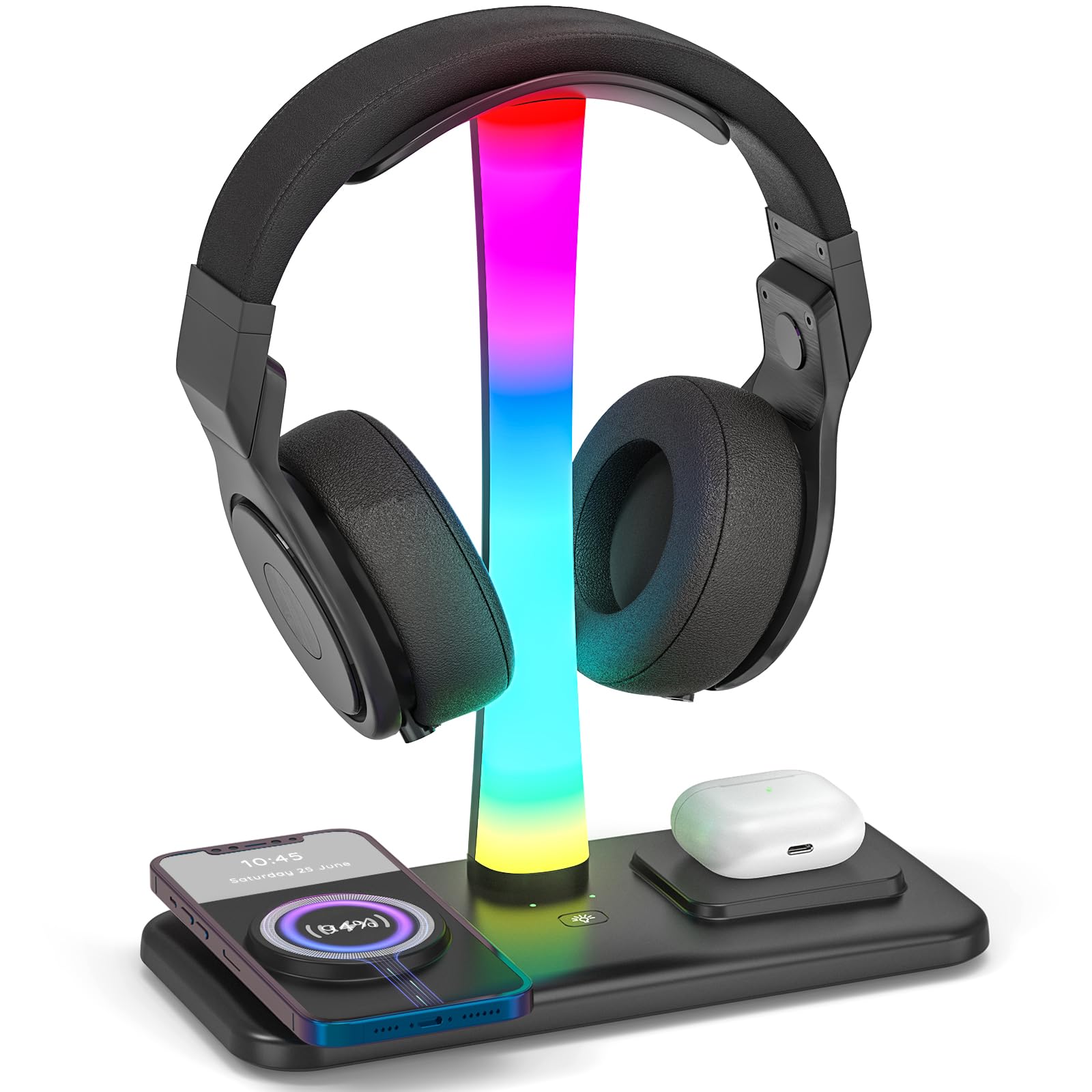 3 in 1 RGB Gamning Kopfhörer Ständer, Headset Halterung mit 15W Wireless Ladegerät, Gaming Kopfhörer Halter mit 9 Lichtmodi Speicherfunktion für Alle Kopfhörer