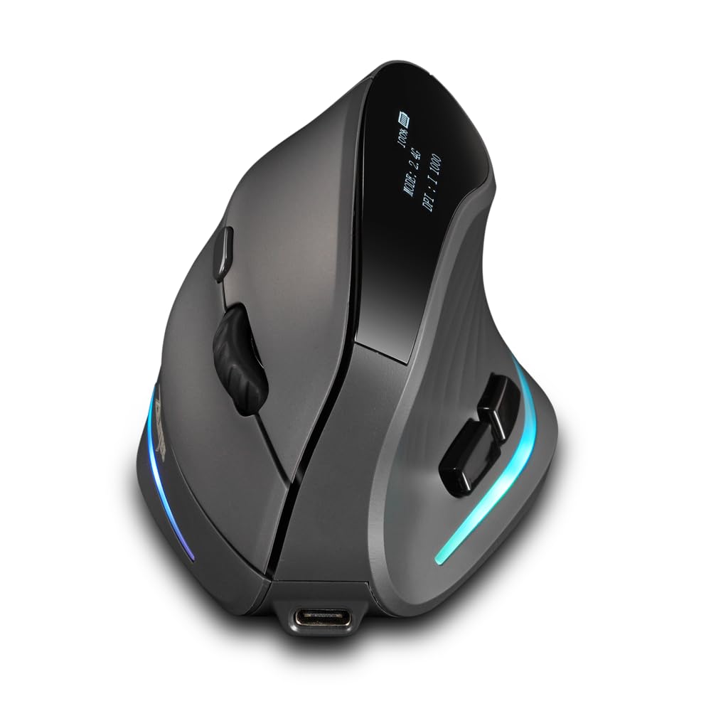 zelotes Bluetooth Kabellose Maus mit Display,Wiederaufladbar,BT 5.0/3.0 + 2.4G,4000DPI,7 Tasten,Vertikale Maus Kabellos,Ergonomische Funkmaus für Laptop,PC,Tablets,Schwarz