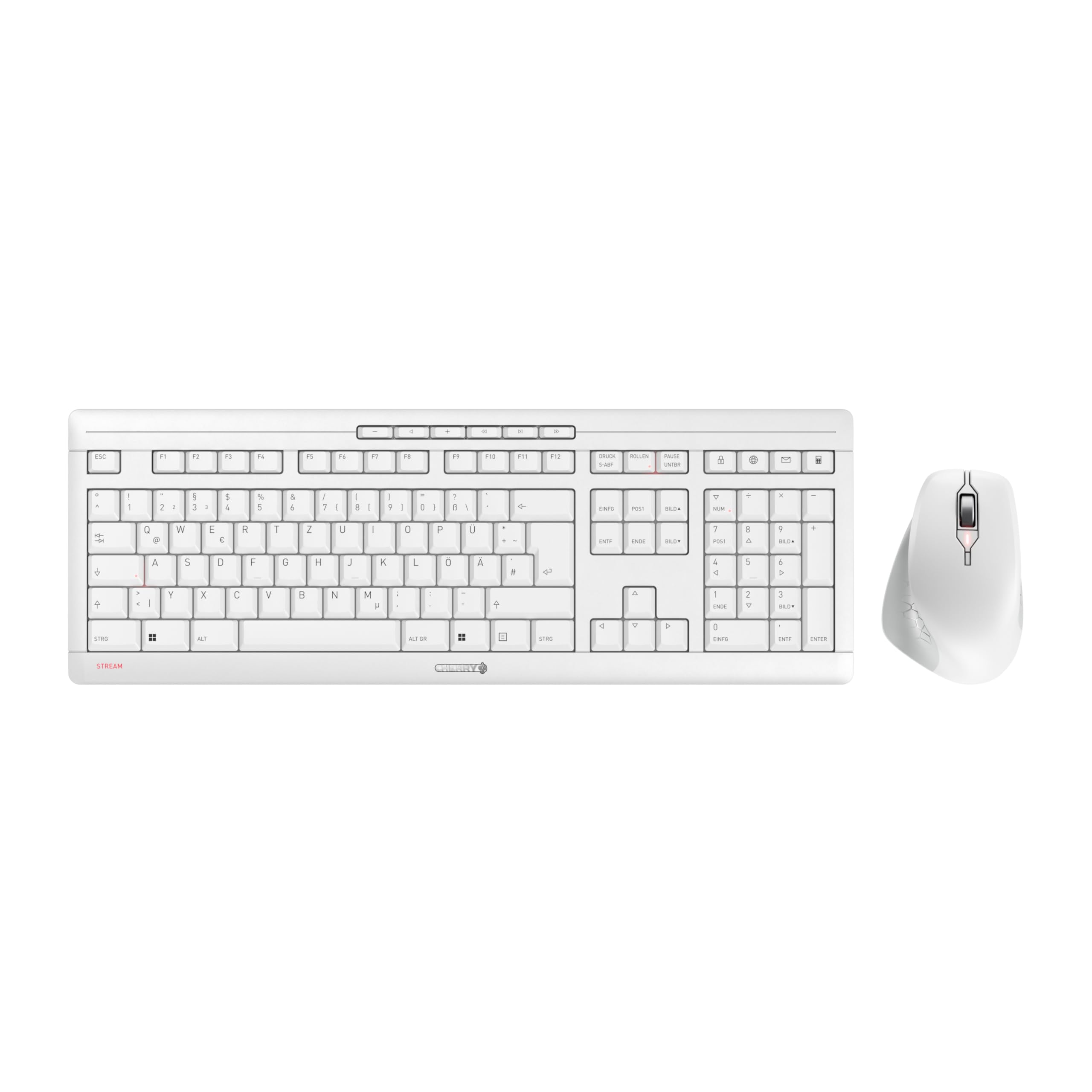 CHERRY Stream Desktop Comfort, Kabelloses Tastatur-Maus-Set, Deutsches Layout (QWERTZ), 2,4 GHz Funk, Leise Tasten, Ergonomische Rechtshändermaus, Weiß-Grau