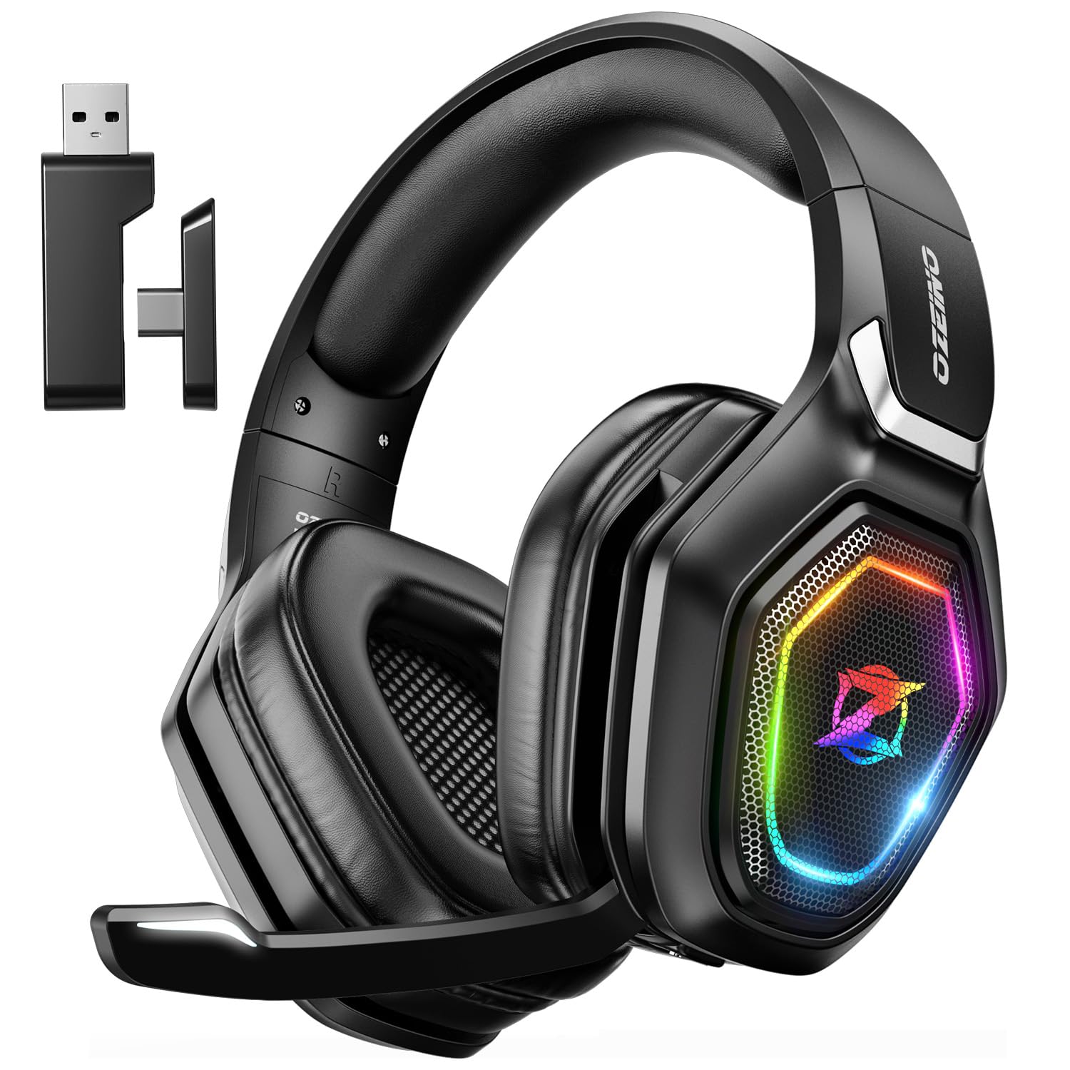 Ozeino, kabelloses Gaming- Kopfhörerset mit 2,4 GHz Mikrofon, 2,4 G USB-Sender und Typ C, 30 Stunden Akkulaufzeit, für Ps5, Ps4, PC
