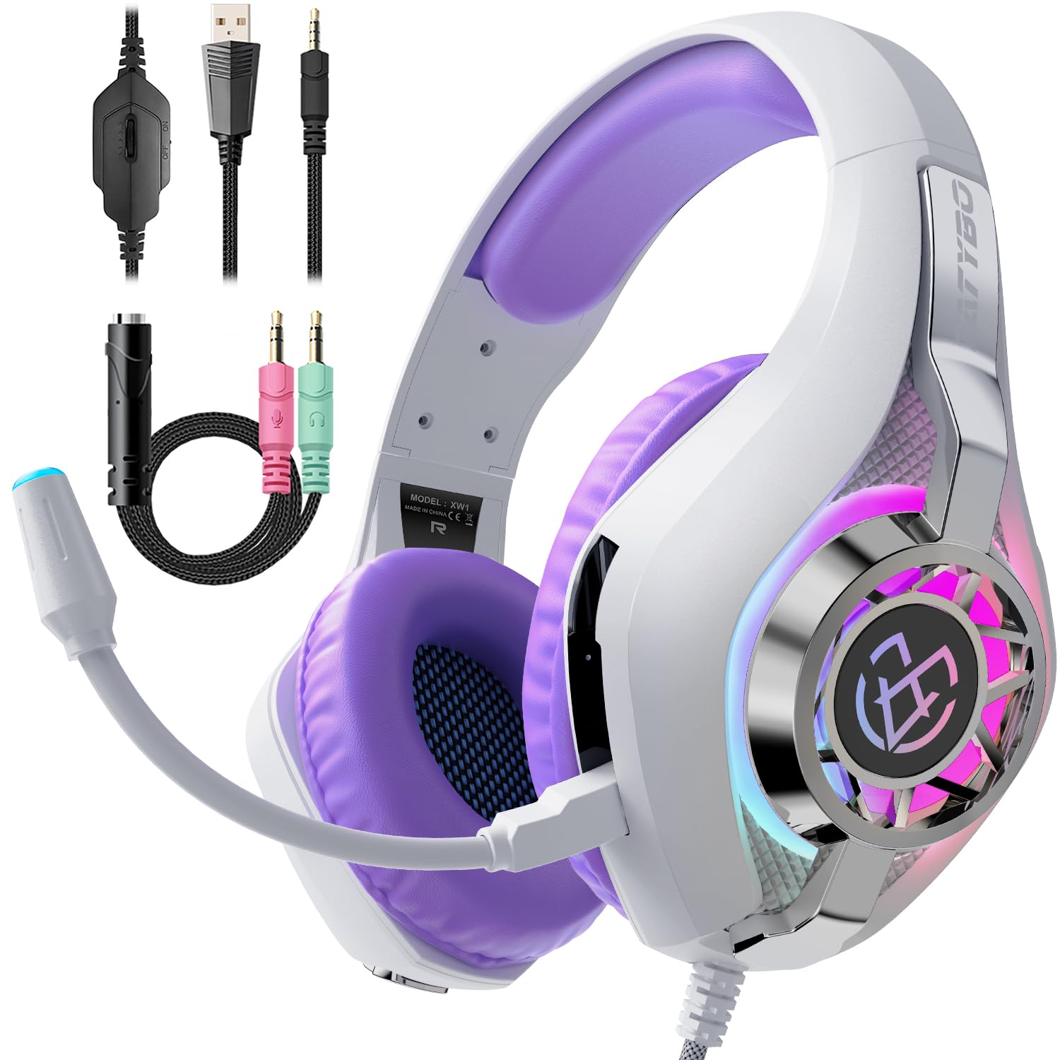 Tatybo Gaming Kopfhörer mit Mikrofon für Ps4 Ps5 Switch PC Mobile Xbox, kabelgebundene Kopfhörer Surround-Sound Stereo mit RGB-Licht