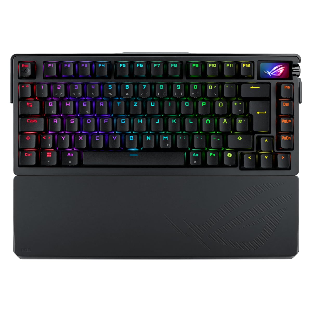ASUS ROG Azoth Extreme 75% Gaming Tastatur (QWERTZ-Layout, mechanische ROG NX-Switches, OLED-Touchscreen, Dreifach-Steuerungsknopf, kabellos via Bluetooth, 2,4-GHz-RF Wireless, USB, MacOS kompatibel)
