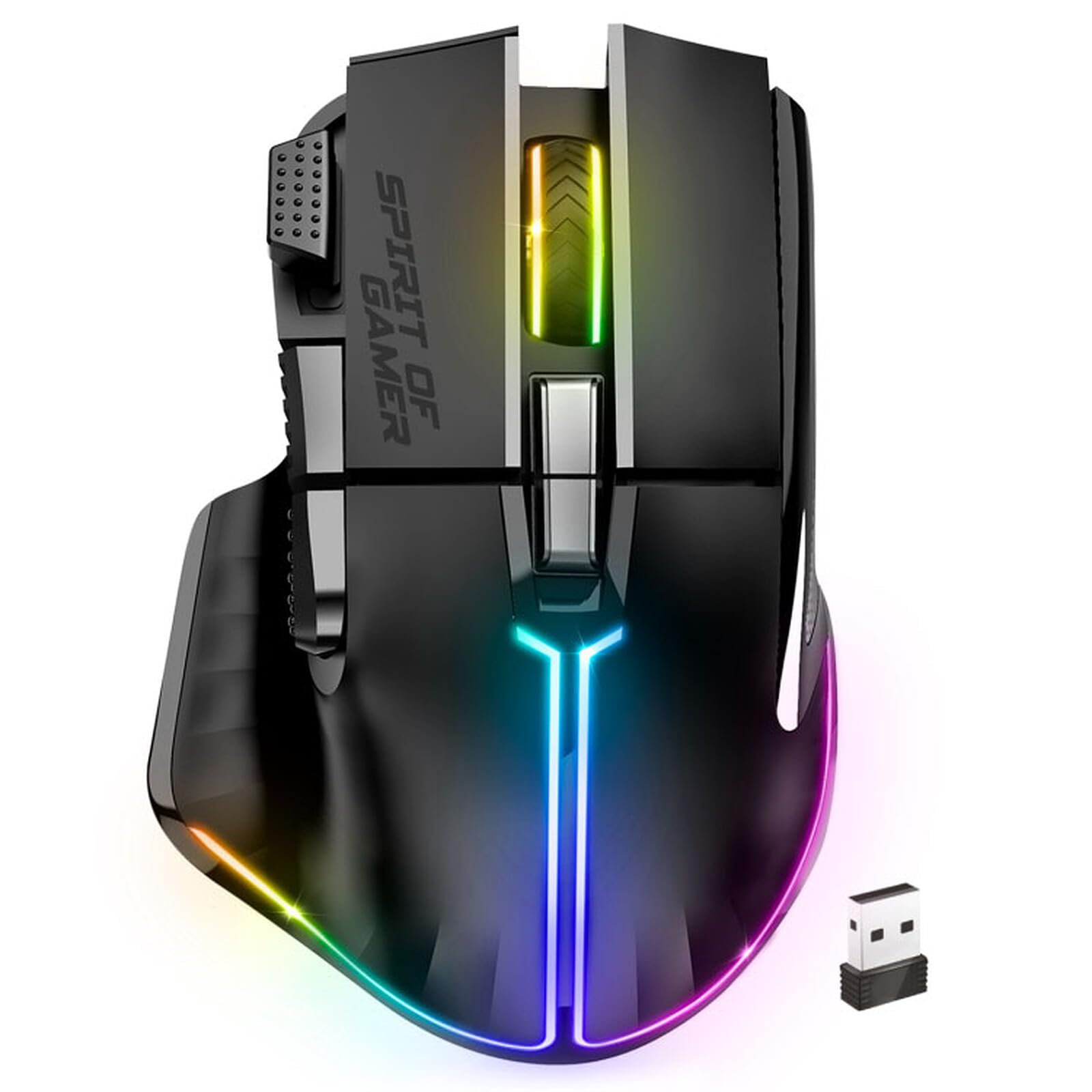SPIRIT OF GAMER - PRO M5, Kabellose RGB Gaming Maus für PC, 8 Programmierbare Tasten inkl. 1 Rapid Fire, Bluetooth & 2,4 GHz Verbindung, Lange Akkulaufzeit 90h, Ergonomische Gaming Mouse, Schwarz