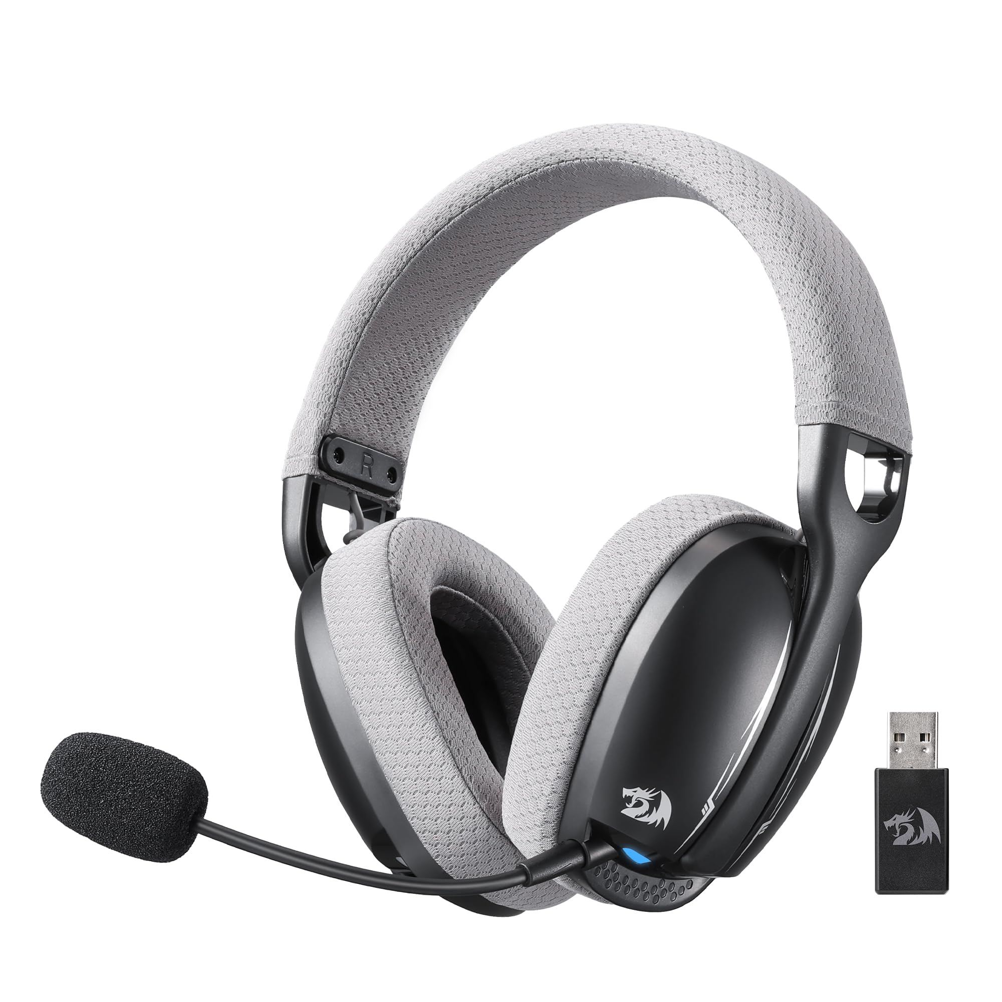 Redragon H878 3-Modus Kabelloses Gaming-Headset mit Blauer Beleuchtung – Leichtgewichtig – 7.1 Surround Sound – 40-mm-Treiber, Abnehmbares Mikrofon – für PC, PS5/4/3, Switch, Mobilgerät, Schwarz&Grau